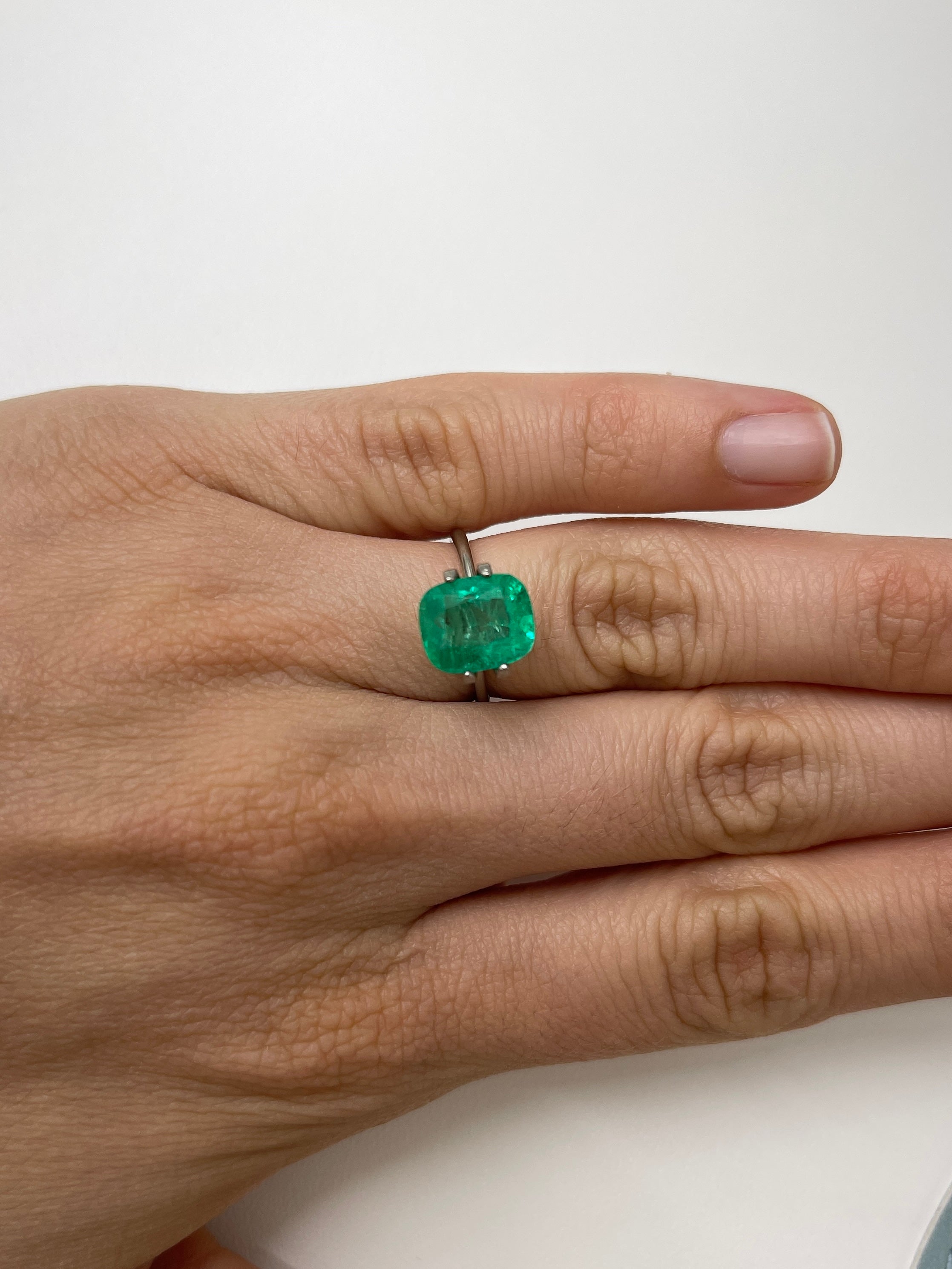 3.85 carat natural Colombian emerald, cushion cut, medium green, loose gemstone with strong color, from JR Colombian Emeralds.