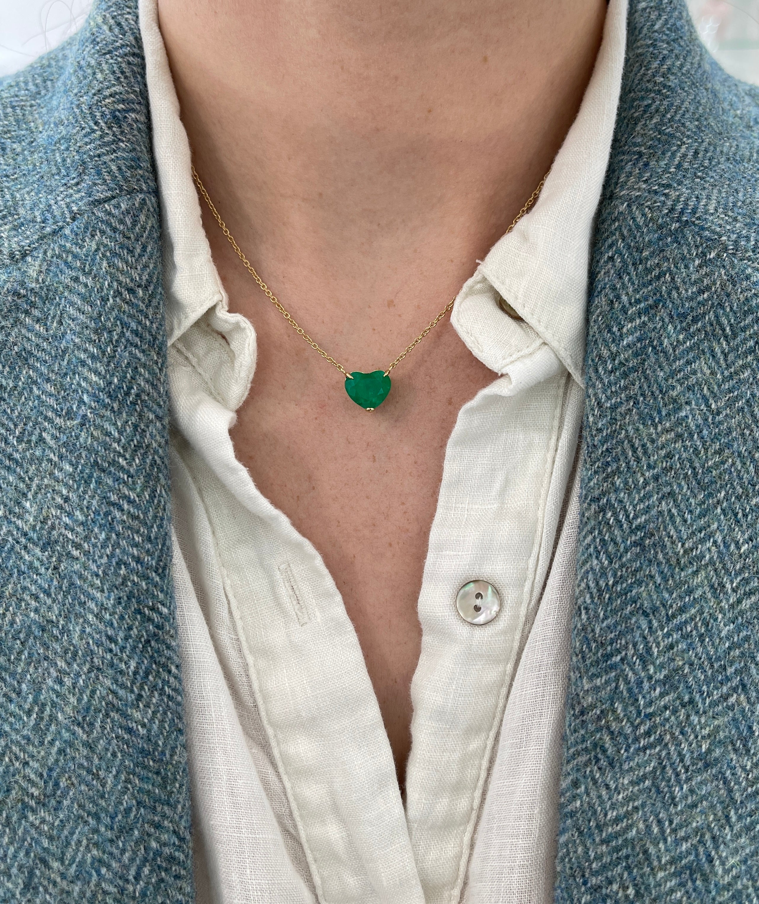 3.85 Carat Colombian Emerald Heart Cut Solitaire 18K Necklace - JR Colombian Emeralds