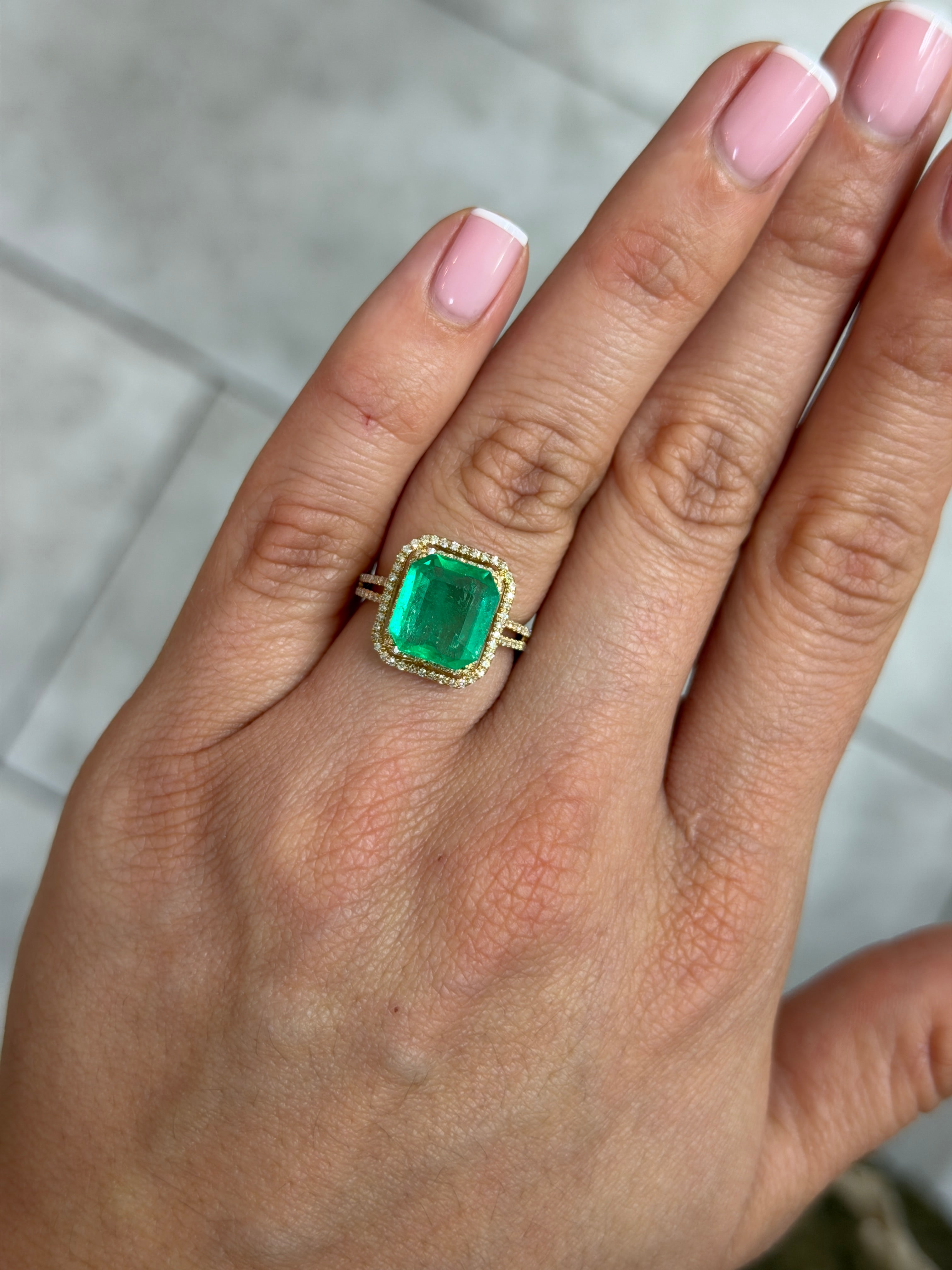 Natural 3.94 carat yellowish green Colombian emerald loose Asscher cut gemstone by JR Colombian Emeralds.