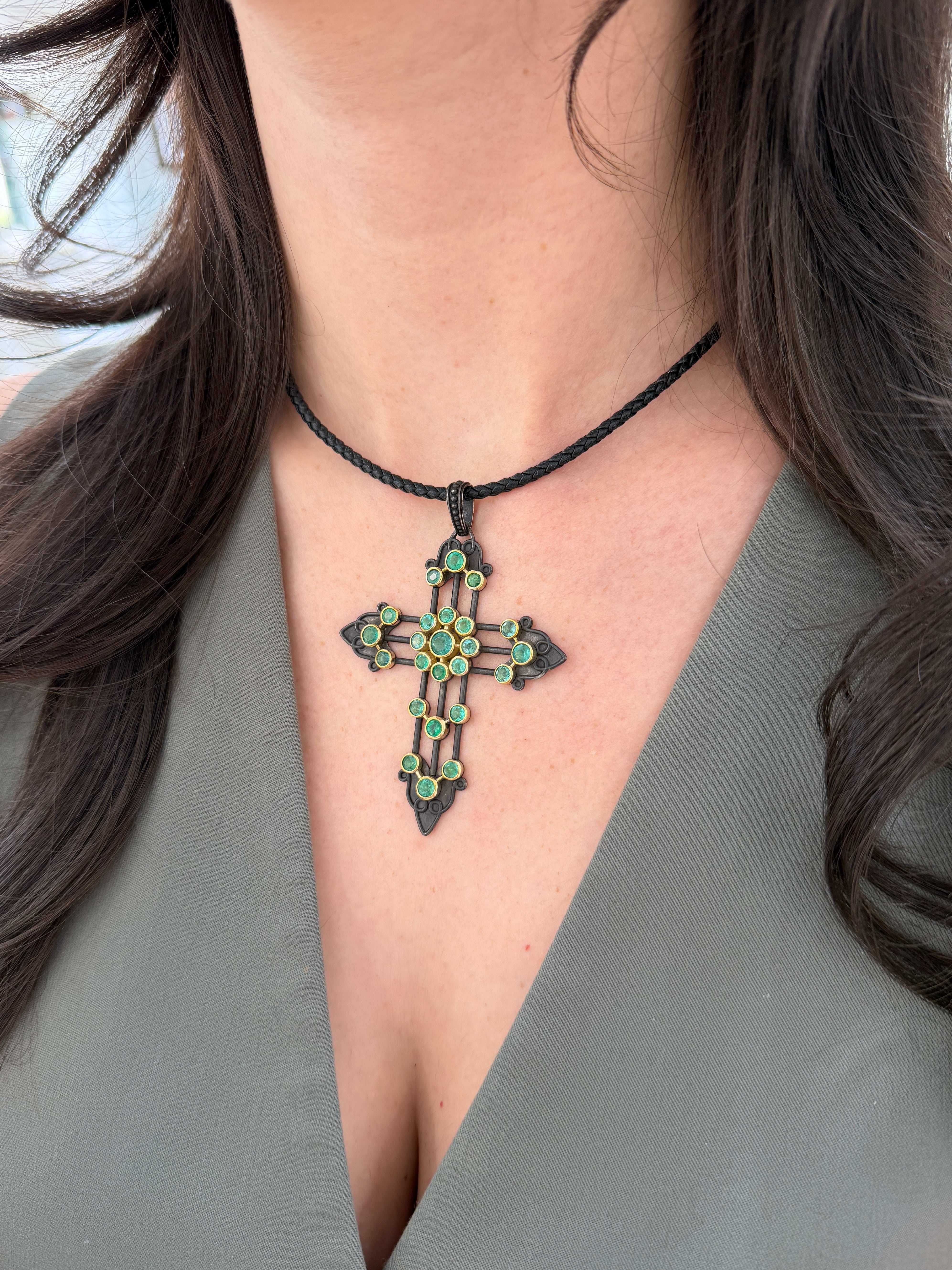 Gothic emerald crucifix pendant with 3.95tcw gemstones, crafted in 14K gold and blackened silver by JR Colombian Emeralds.