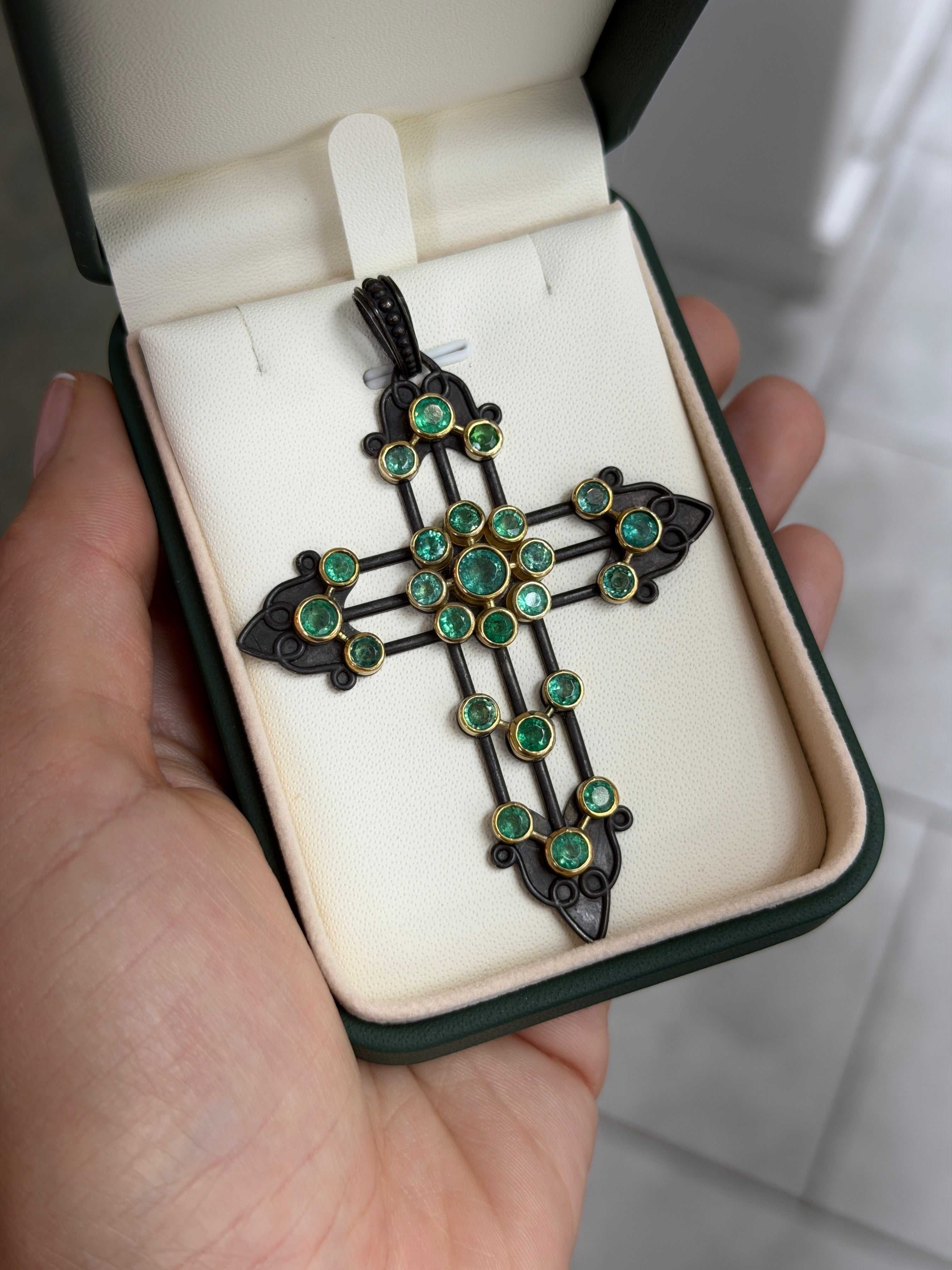 Gothic emerald crucifix pendant with 3.95 carats, 14K gold and blackened silver by JR Colombian Emeralds, featuring detailed design.