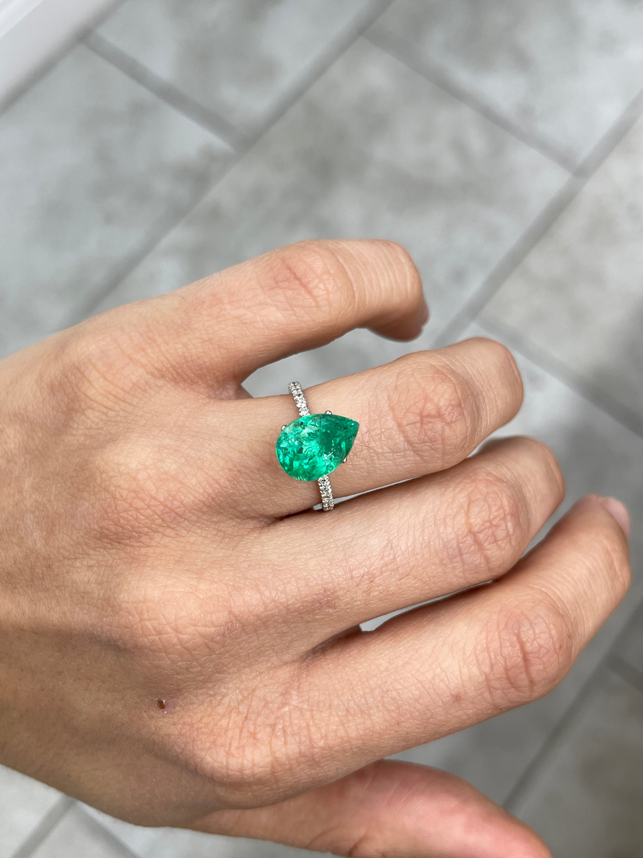 4.09 Carat 12x9 Freckled Bluish Green Pear Loose Colombian Emerald - JR Colombian Emeralds