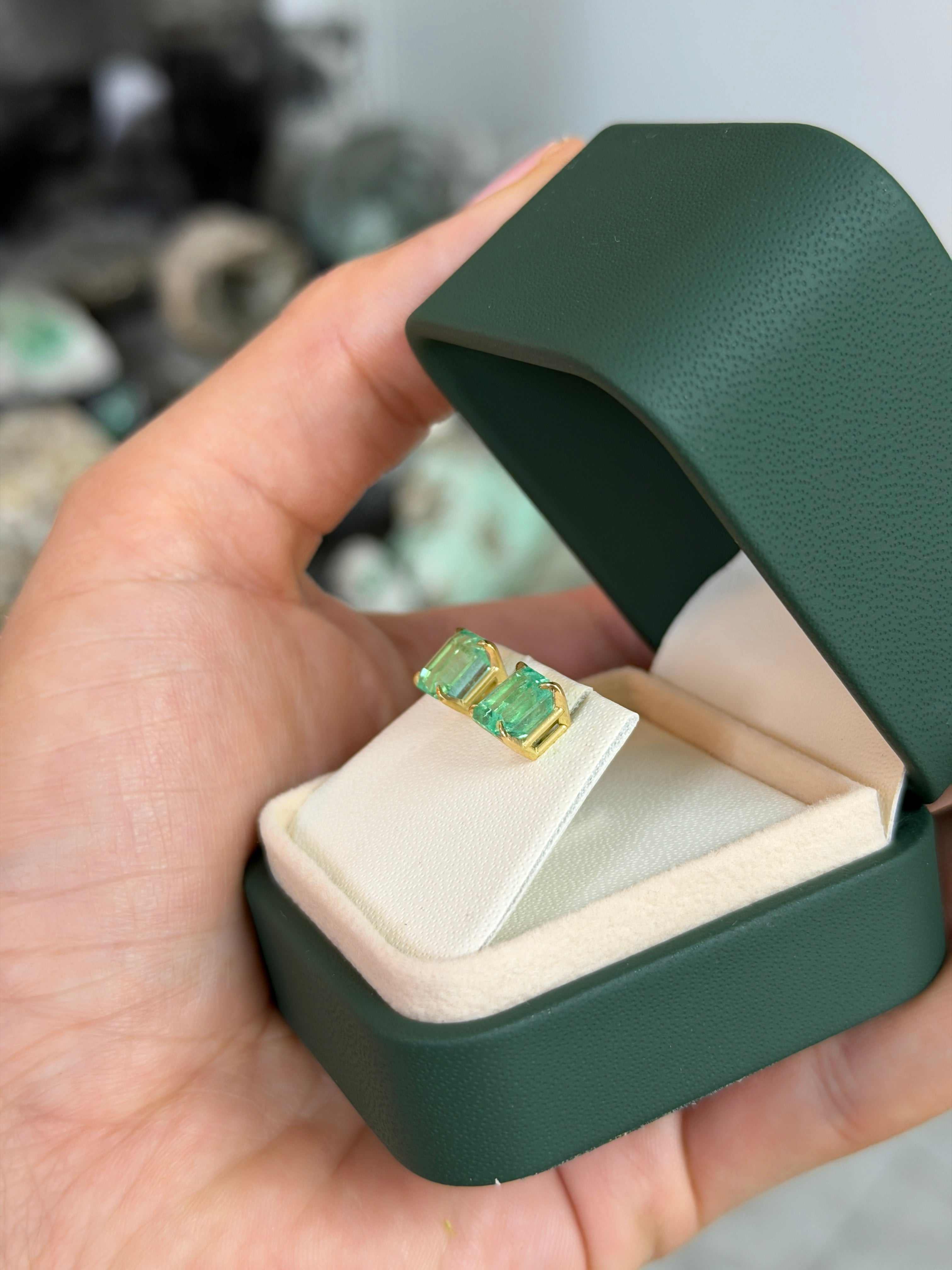 4.09tcw 7.5mm x 7mm Vivacious Asscher Cut Colombian Emerald 18K Studs