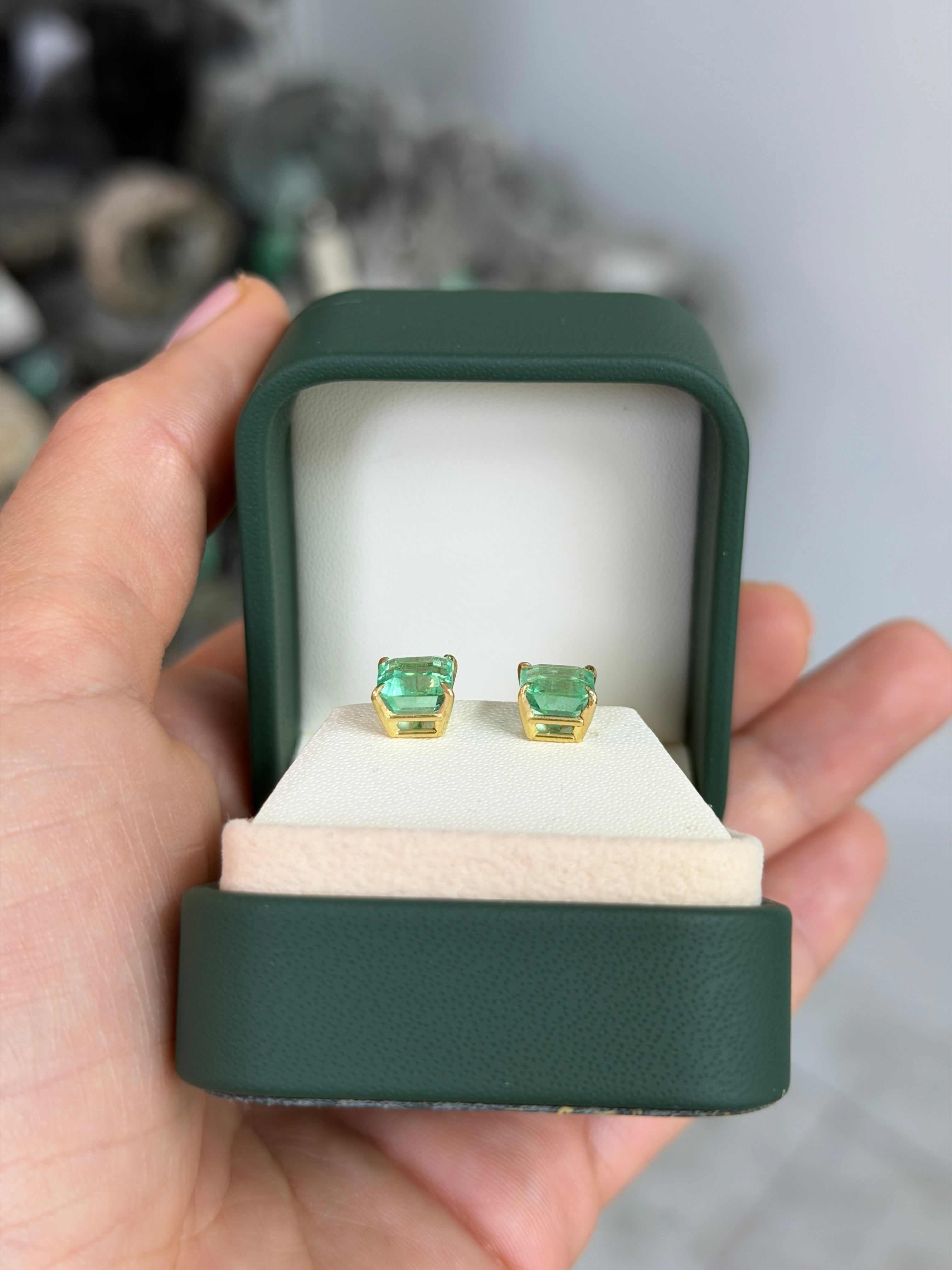 4.09tcw 7.5mm x 7mm Vivacious Asscher Cut Colombian Emerald 18K Studs