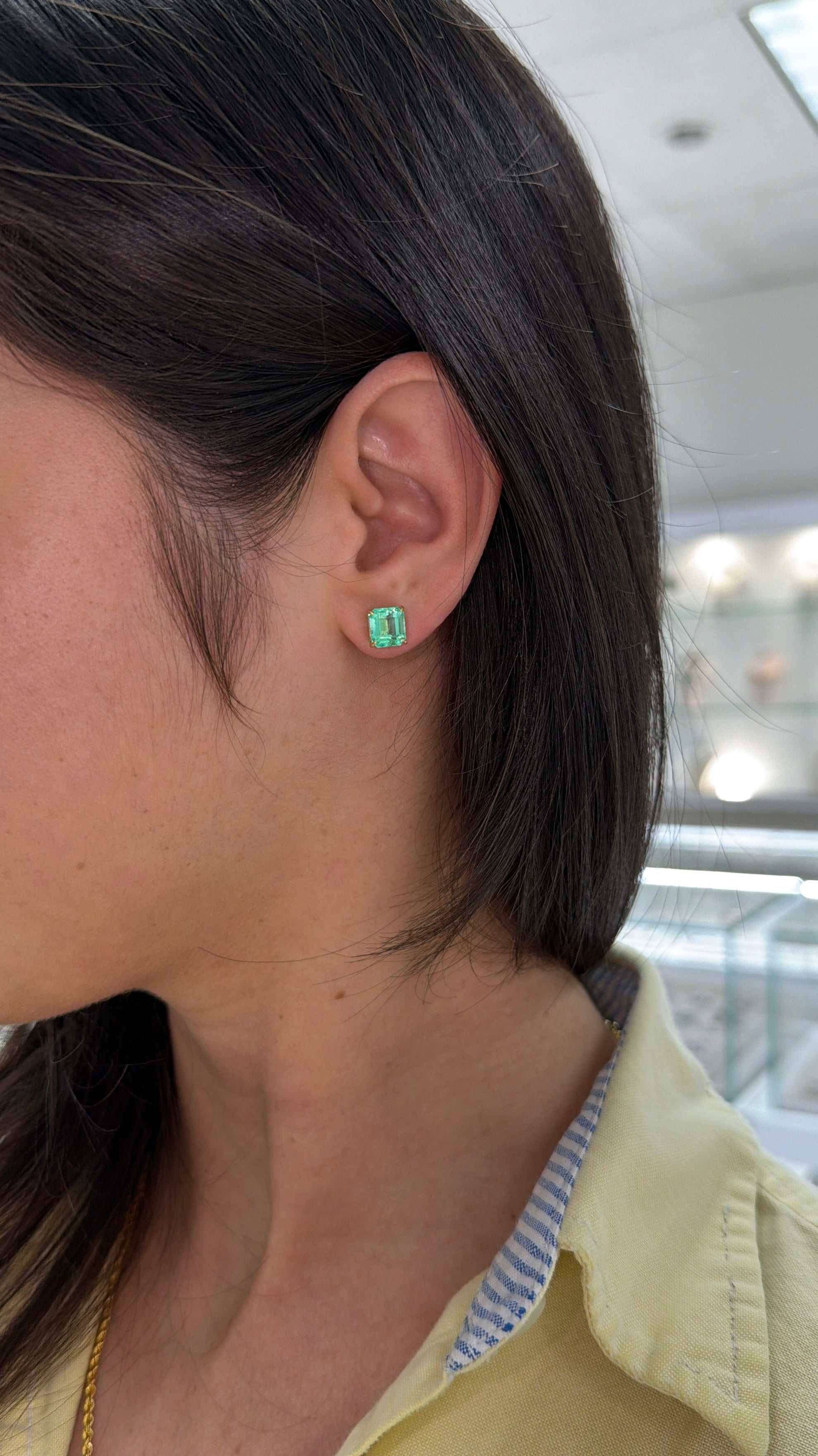 4.09tcw 7.5mm x 7mm Vivacious Asscher Cut Colombian Emerald 18K Studs