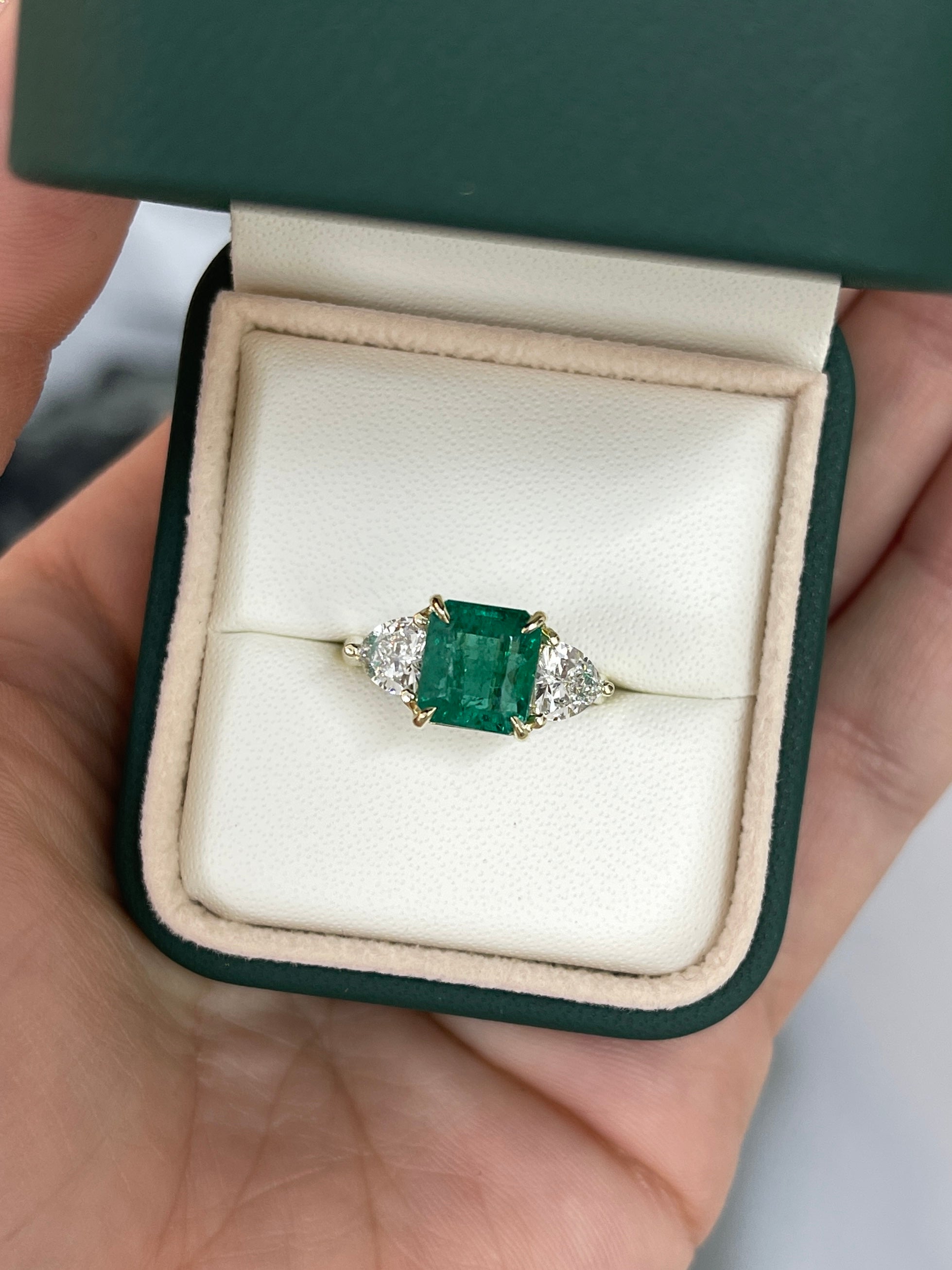 4.10tcw Asscher Cut Natural Emerald & Trillion Cut Lab Diamond Three-Stone Engagement Ring 14K Yellow Gold - JR Colombian Emeralds