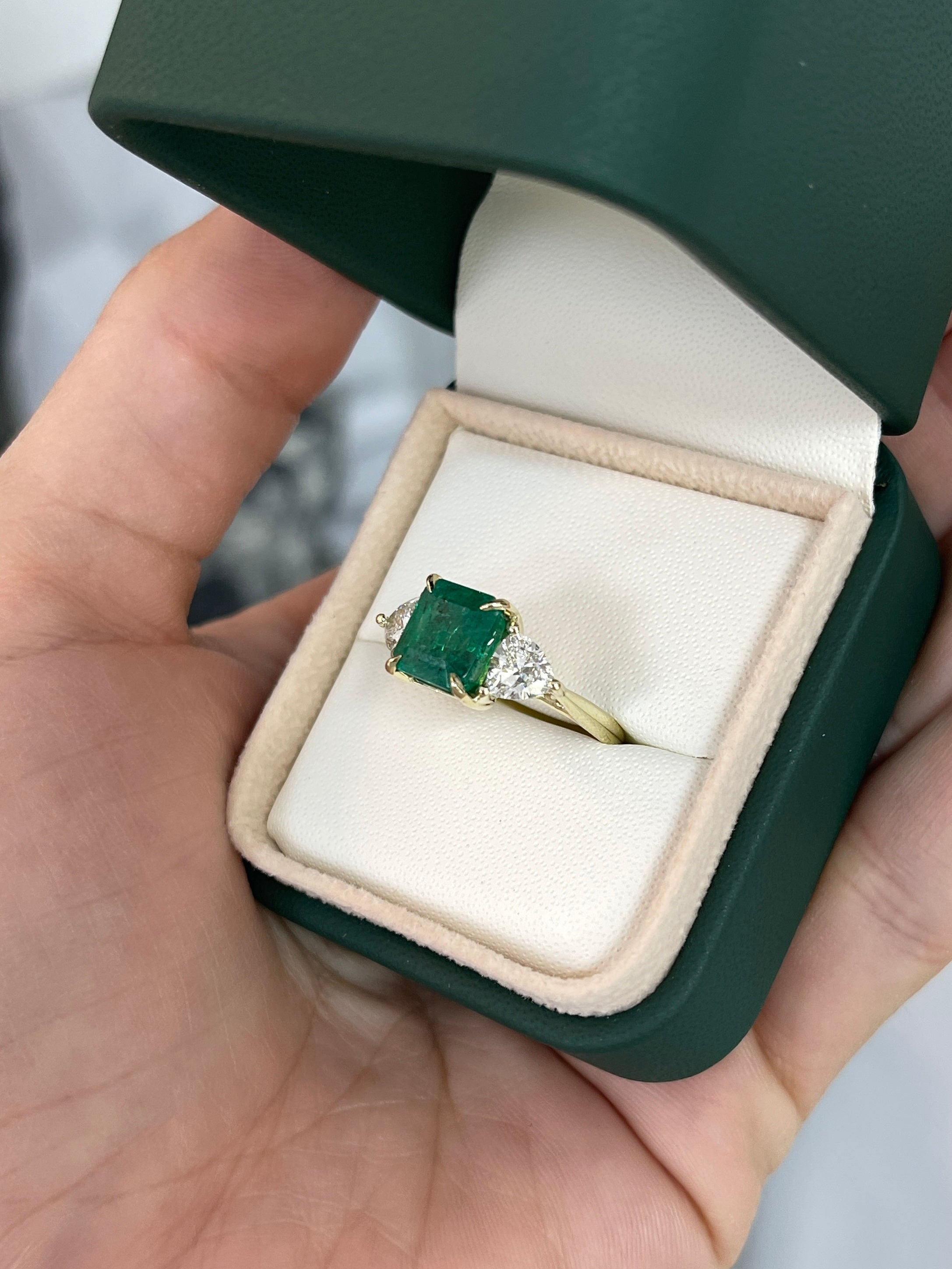 4.10tcw Asscher Cut Natural Emerald & Trillion Cut Lab Diamond Three-Stone Engagement Ring 14K Yellow Gold - JR Colombian Emeralds