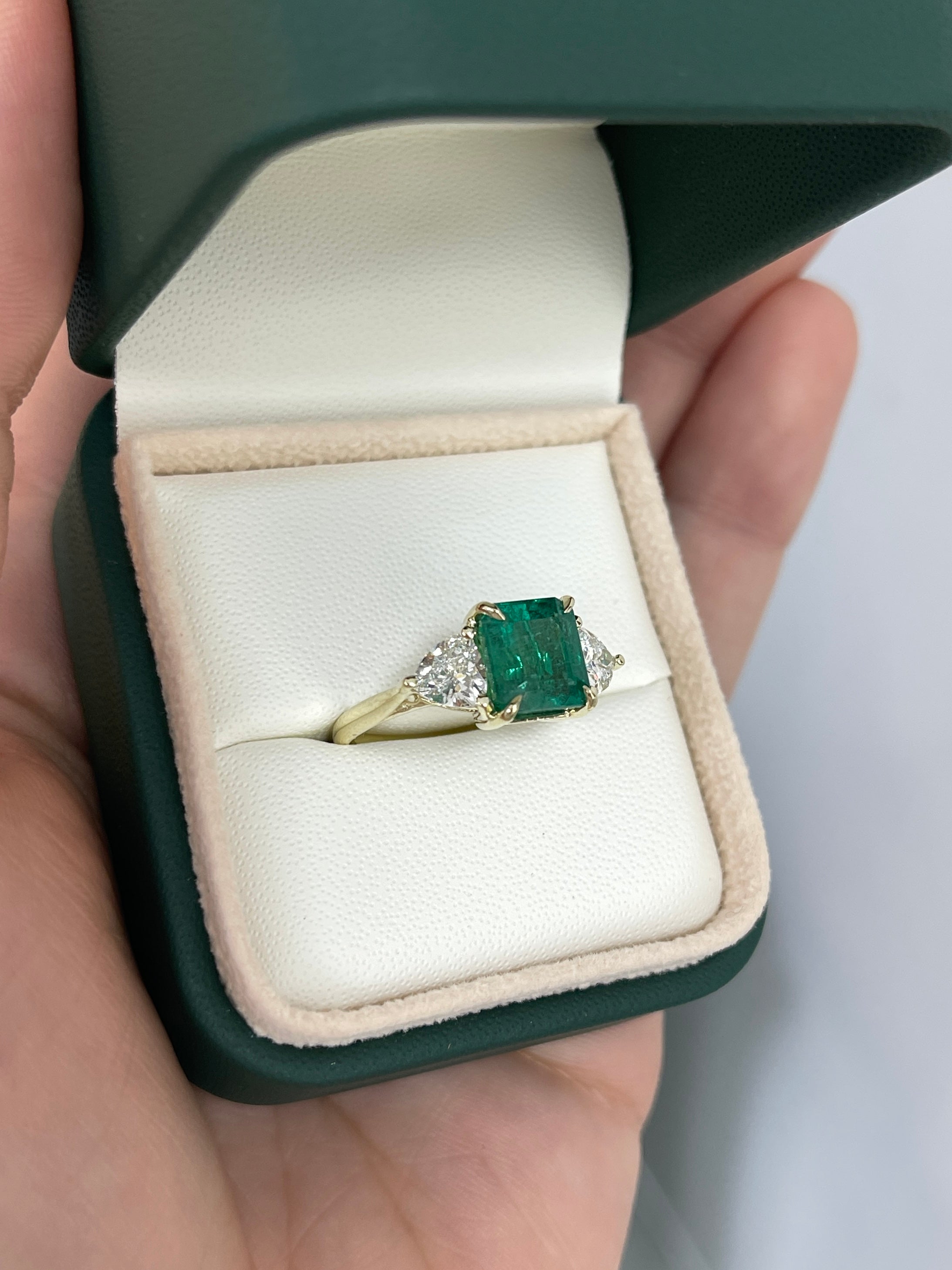 4.10tcw Asscher Cut Natural Emerald & Trillion Cut Lab Diamond Three-Stone Engagement Ring 14K Yellow Gold - JR Colombian Emeralds