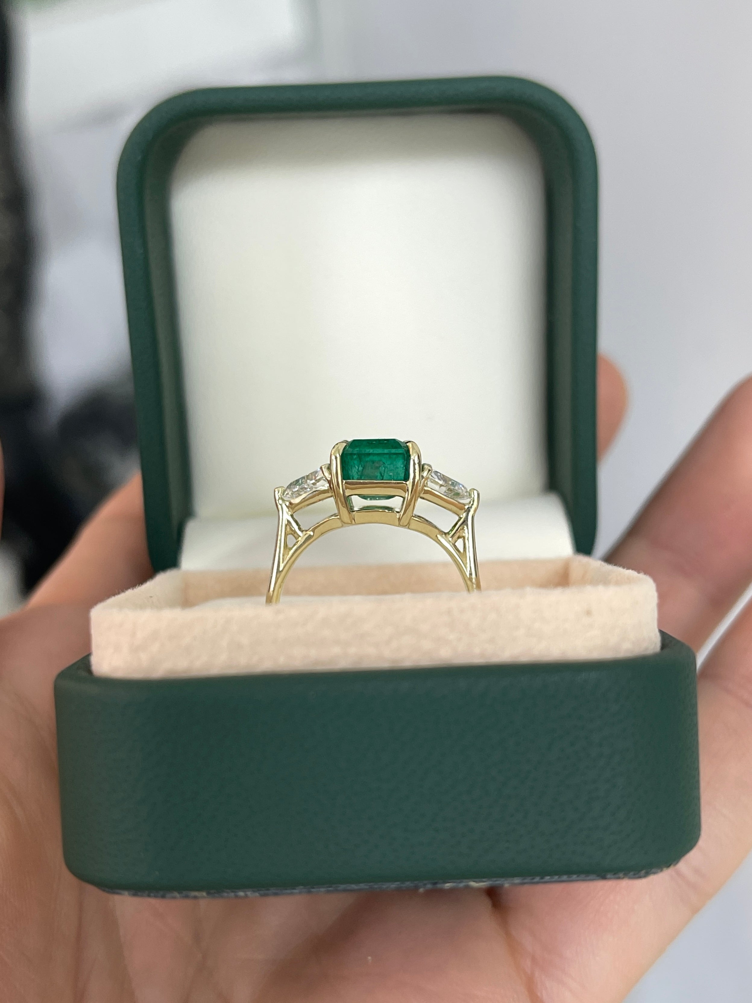 4.10tcw Asscher Cut Natural Emerald & Trillion Cut Lab Diamond Three-Stone Engagement Ring 14K Yellow Gold - JR Colombian Emeralds