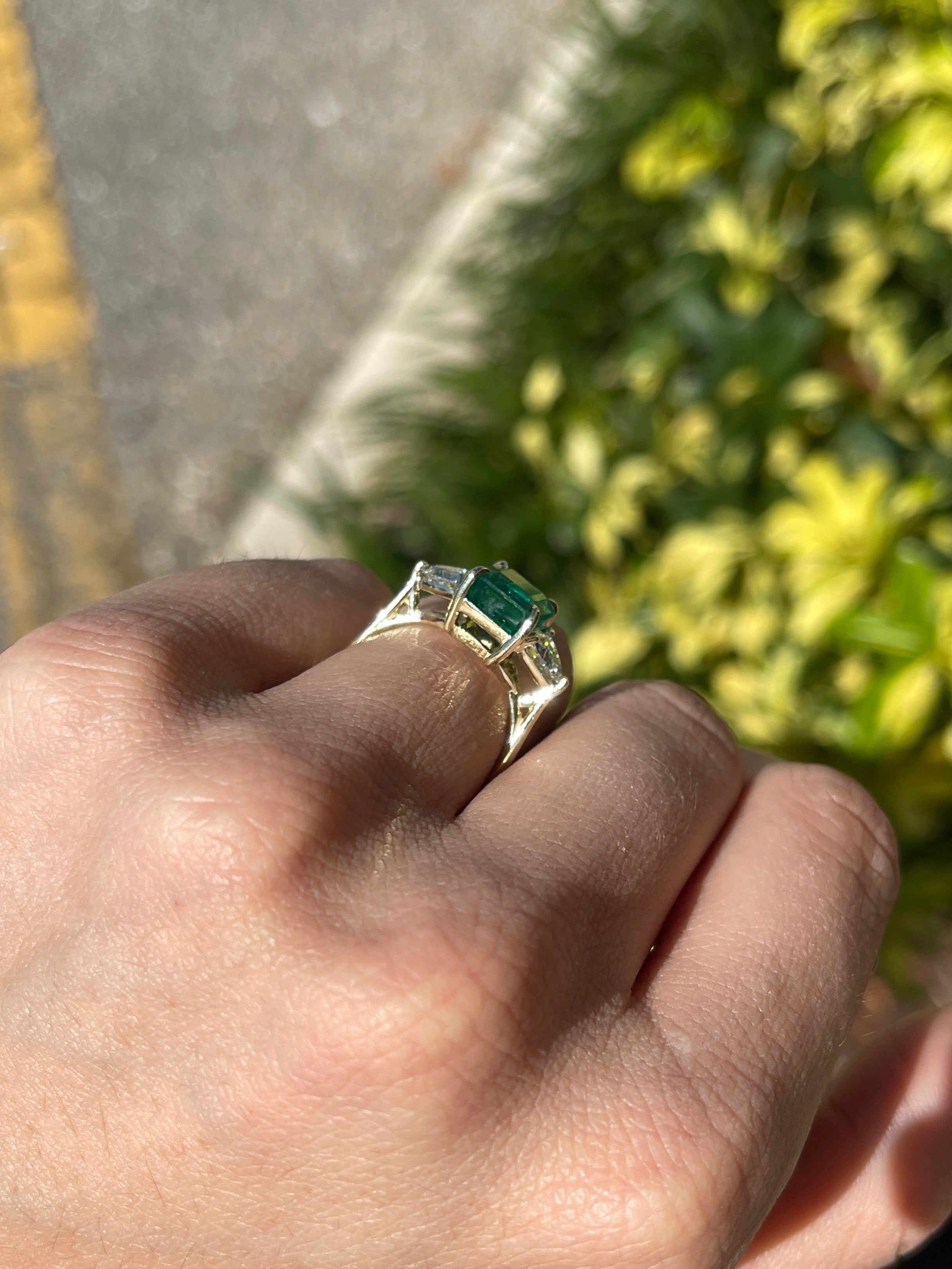 4.10tcw Asscher Cut Natural Emerald & Trillion Cut Lab Diamond Three-Stone Engagement Ring 14K Yellow Gold - JR Colombian Emeralds