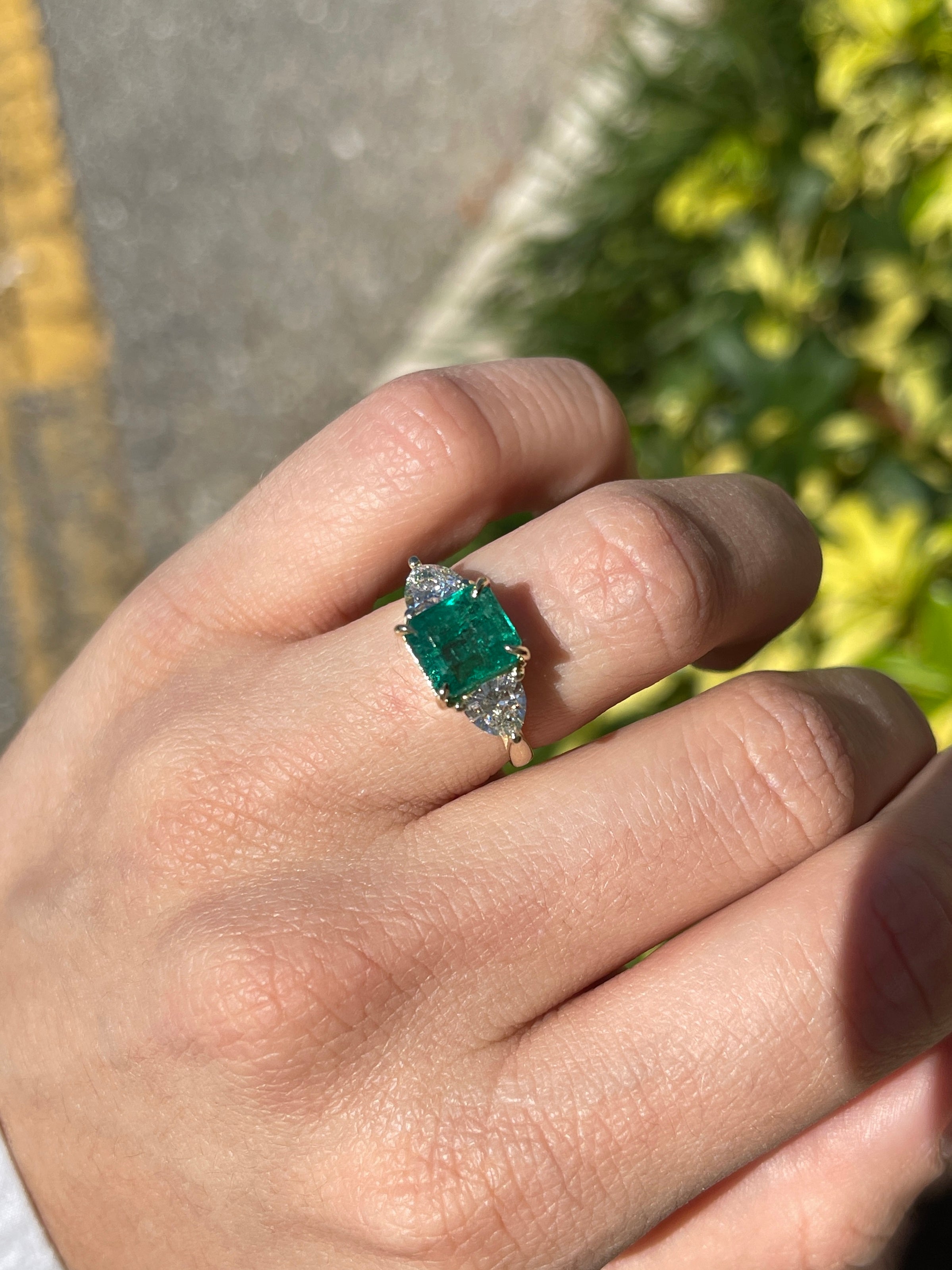 4.10tcw Asscher Cut Natural Emerald & Trillion Cut Lab Diamond Three-Stone Engagement Ring 14K Yellow Gold - JR Colombian Emeralds