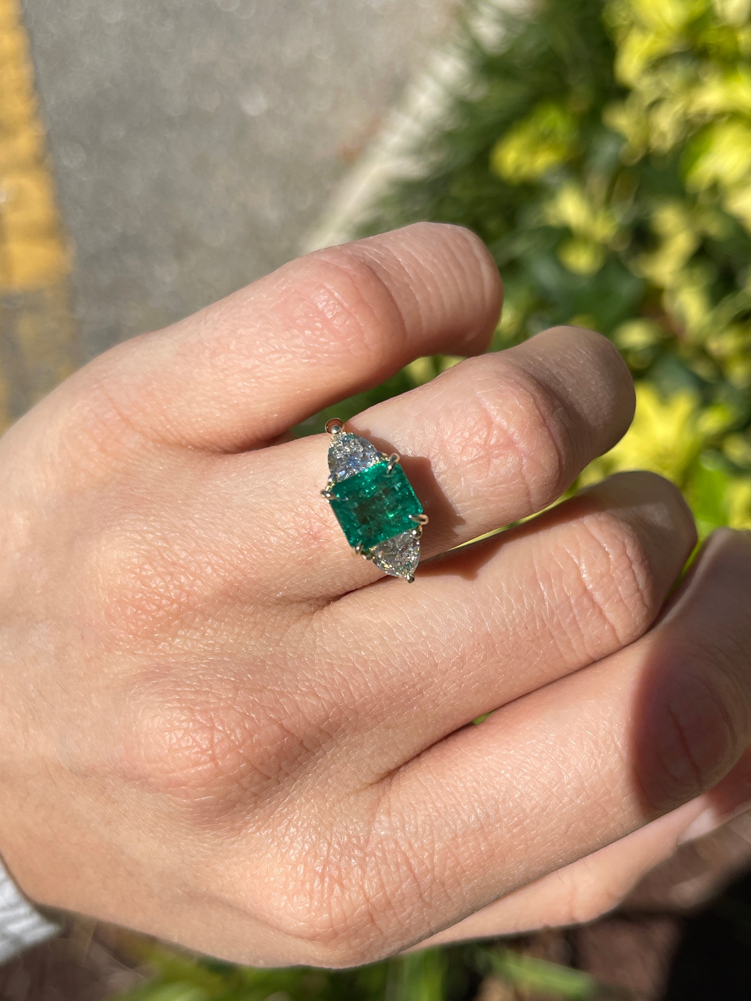 4.10tcw Asscher Cut Natural Emerald & Trillion Cut Lab Diamond Three-Stone Engagement Ring 14K Yellow Gold - JR Colombian Emeralds