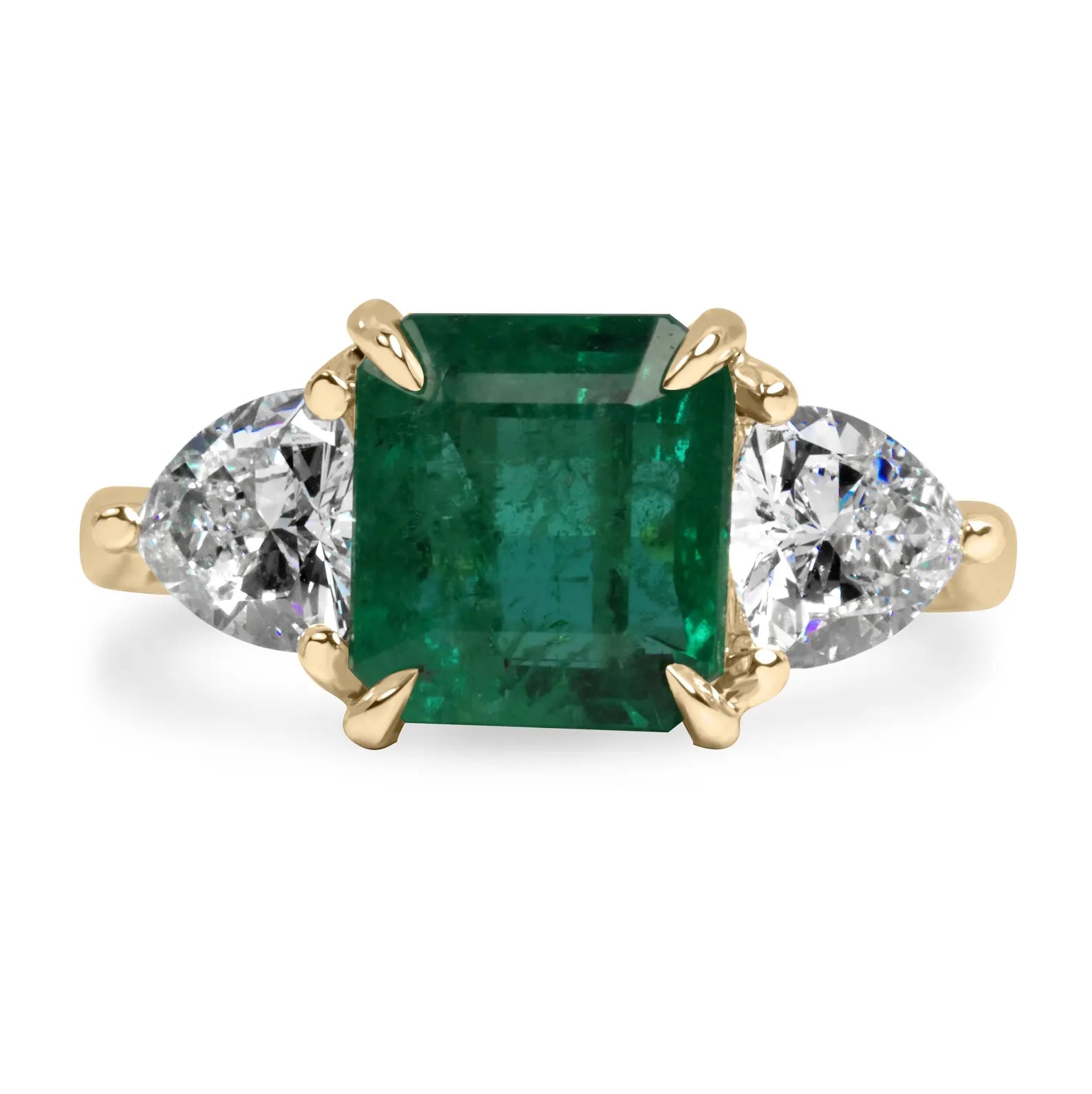 4.10tcw Asscher Cut Natural Emerald & Trillion Cut Lab Diamond Three-Stone Engagement Ring 14K Yellow Gold - JR Colombian Emeralds