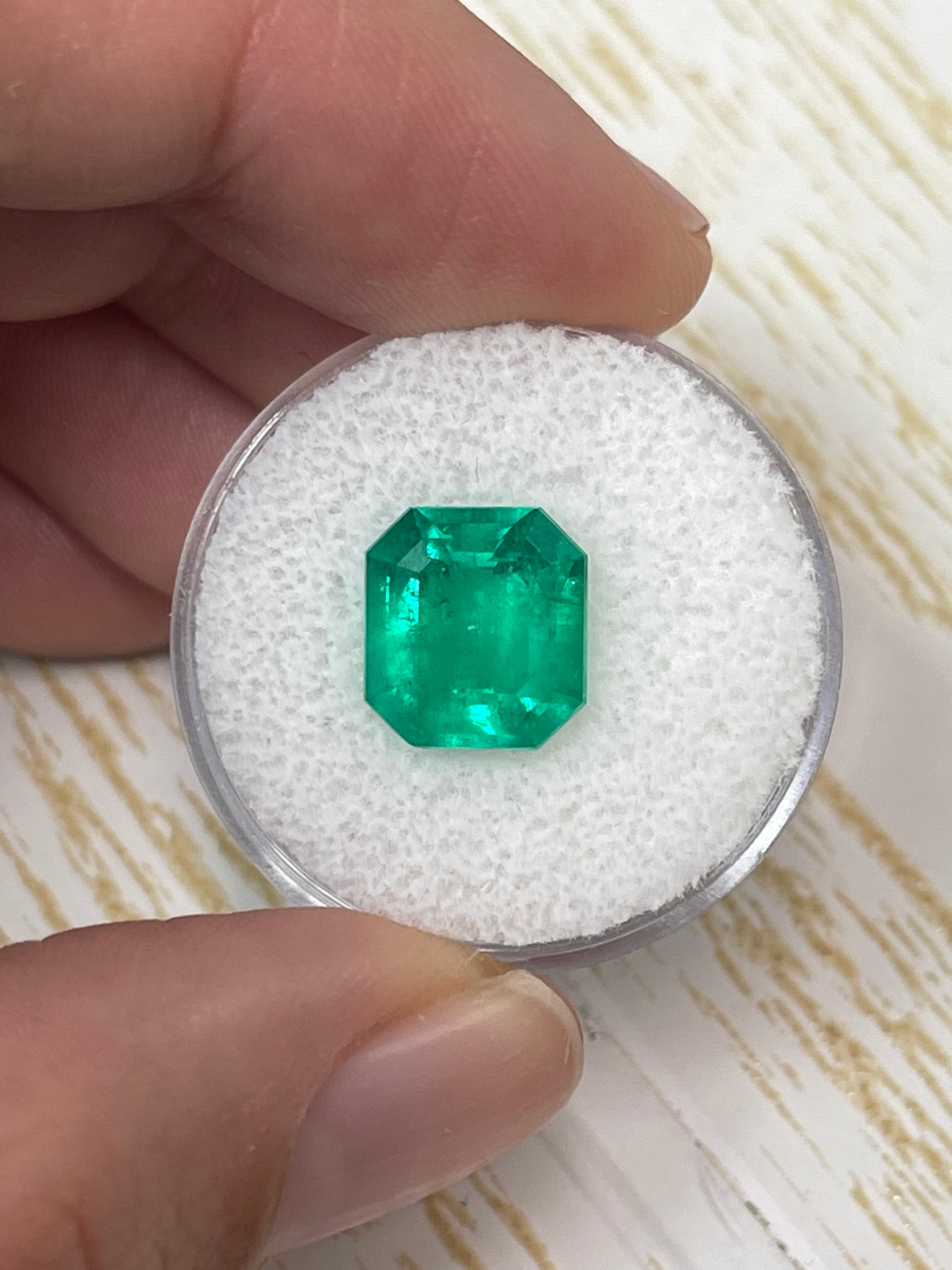 Vivid yellowish Colombian emerald loose gemstone, 4.12 carats, emerald cut, from JR Colombian Emeralds.