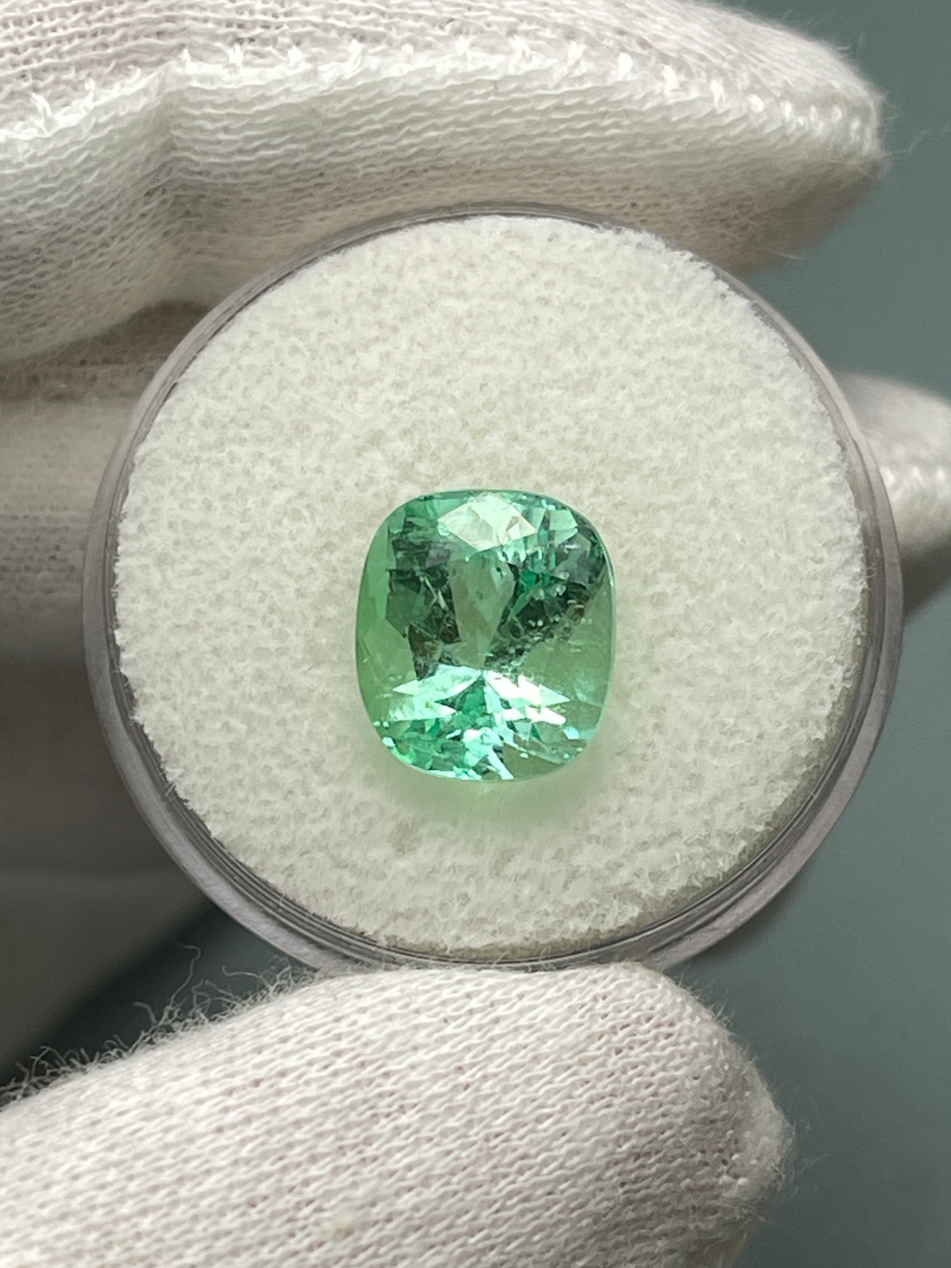 4.13 Carat 10x9 Pastel Yellowish Green Natural Loose Colombian Emerald-Cushion Cut - JR Colombian Emeralds