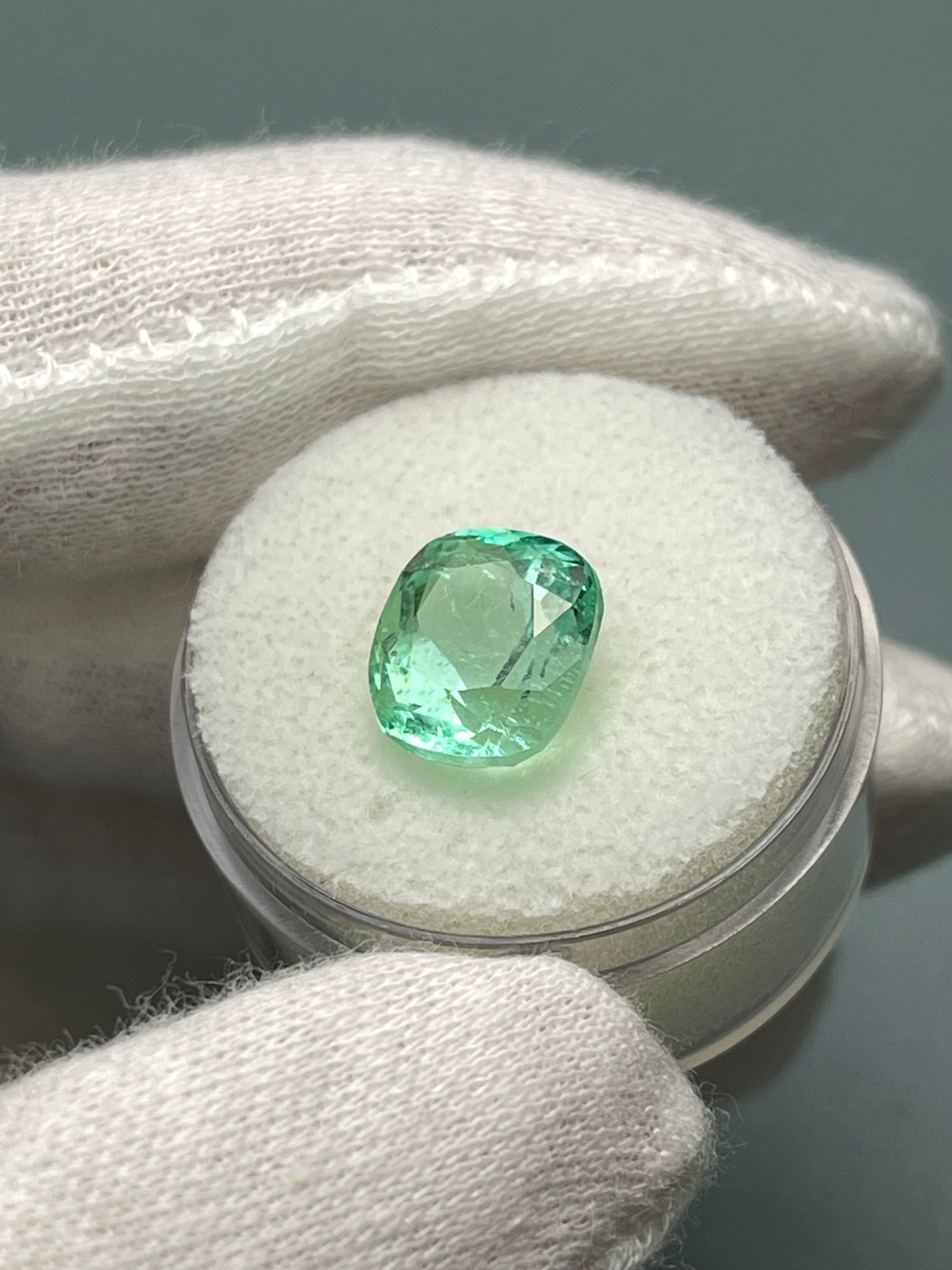 4.13 Carat 10x9 Pastel Yellowish Green Natural Loose Colombian Emerald-Cushion Cut - JR Colombian Emeralds