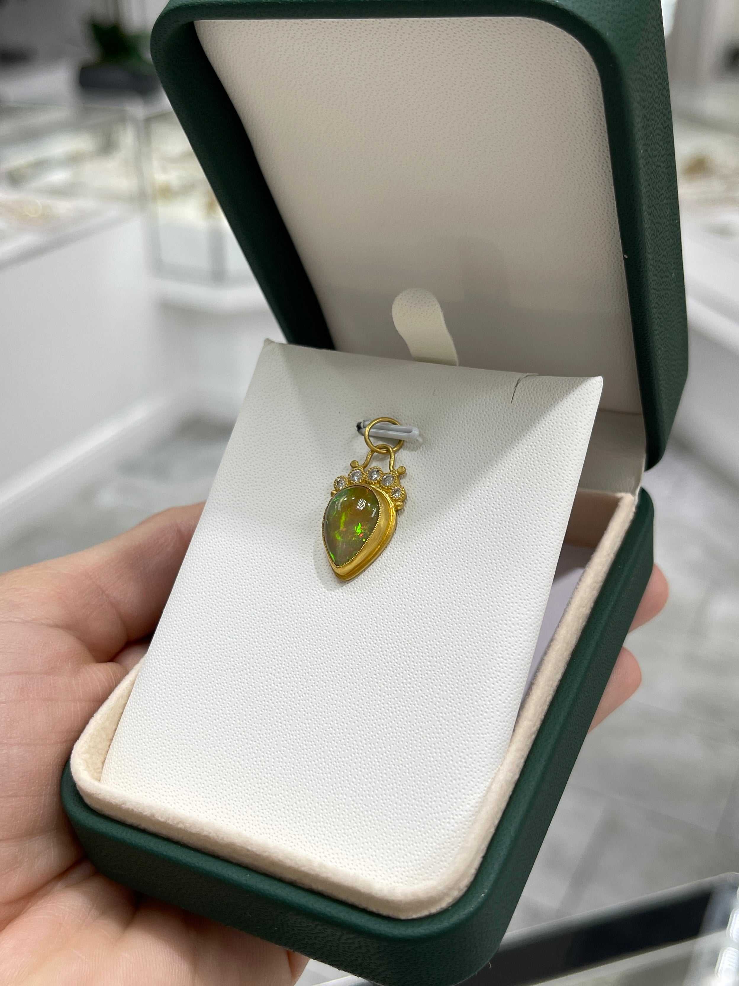 4.13tcw 24K Gold Crystal Opal & Diamond Tiara Pendant - JR Colombian Emeralds