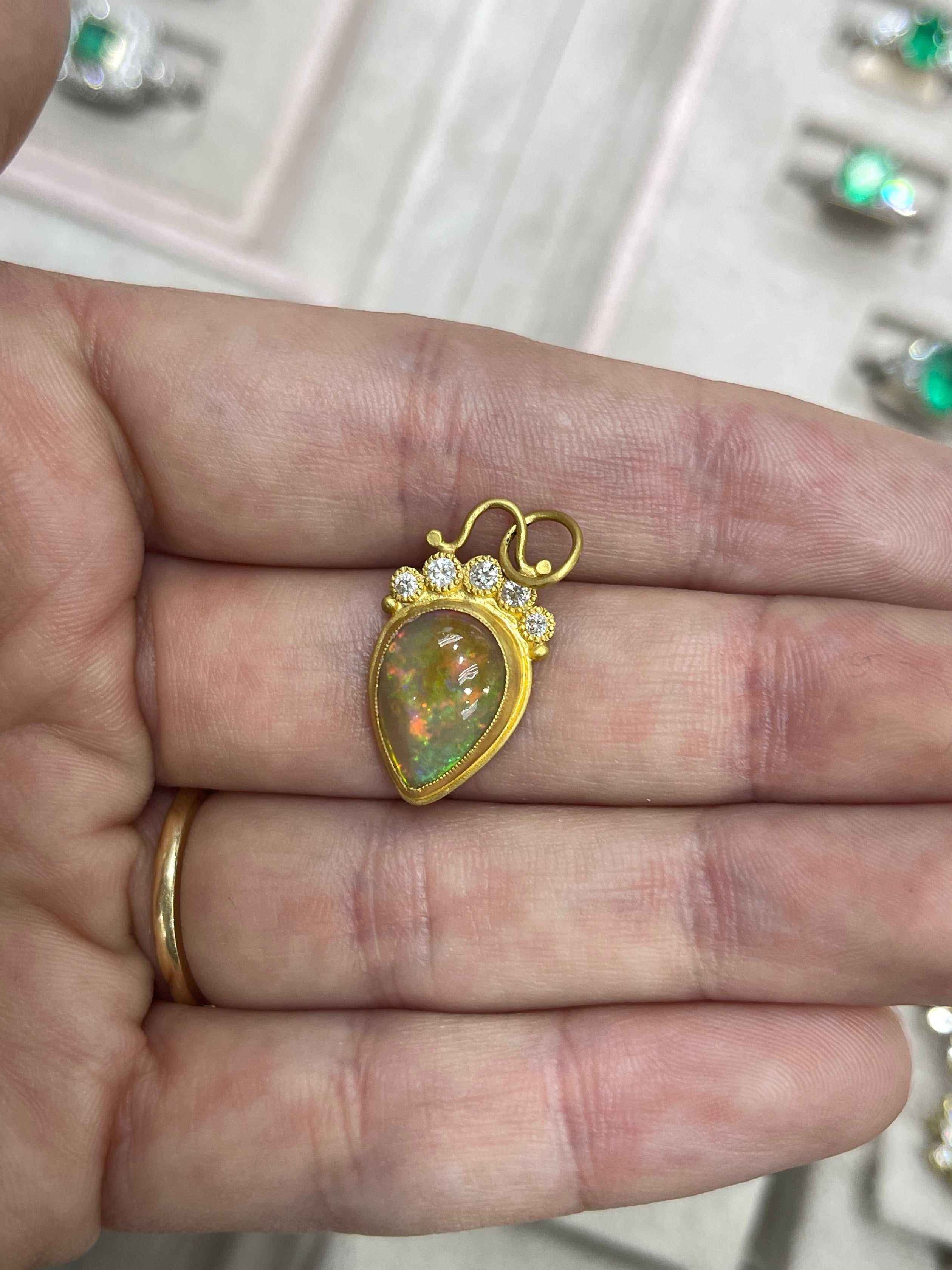 4.13tcw 24K Gold Crystal Opal & Diamond Tiara Pendant - JR Colombian Emeralds