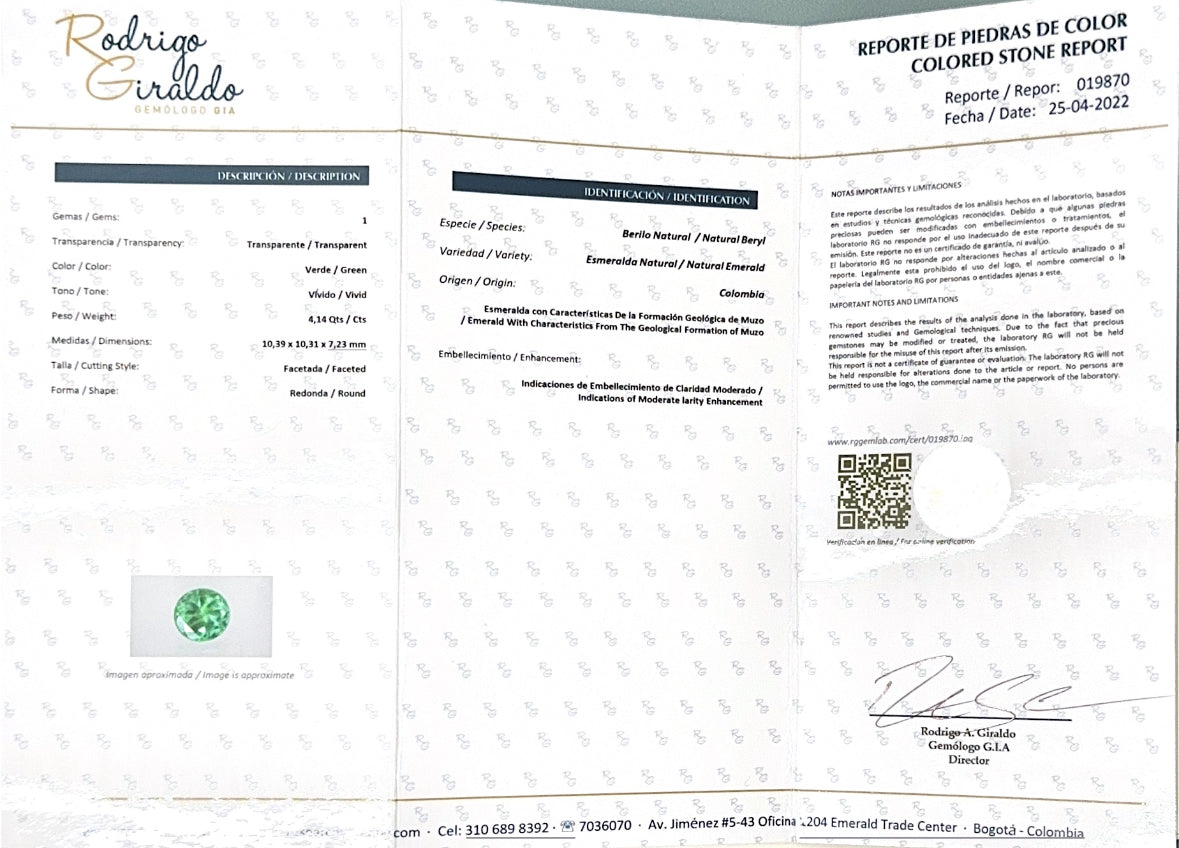 4.14 carat natural round Colombian emerald loose gemstone with vibrant green color, certified by JR Colombian Emeralds.