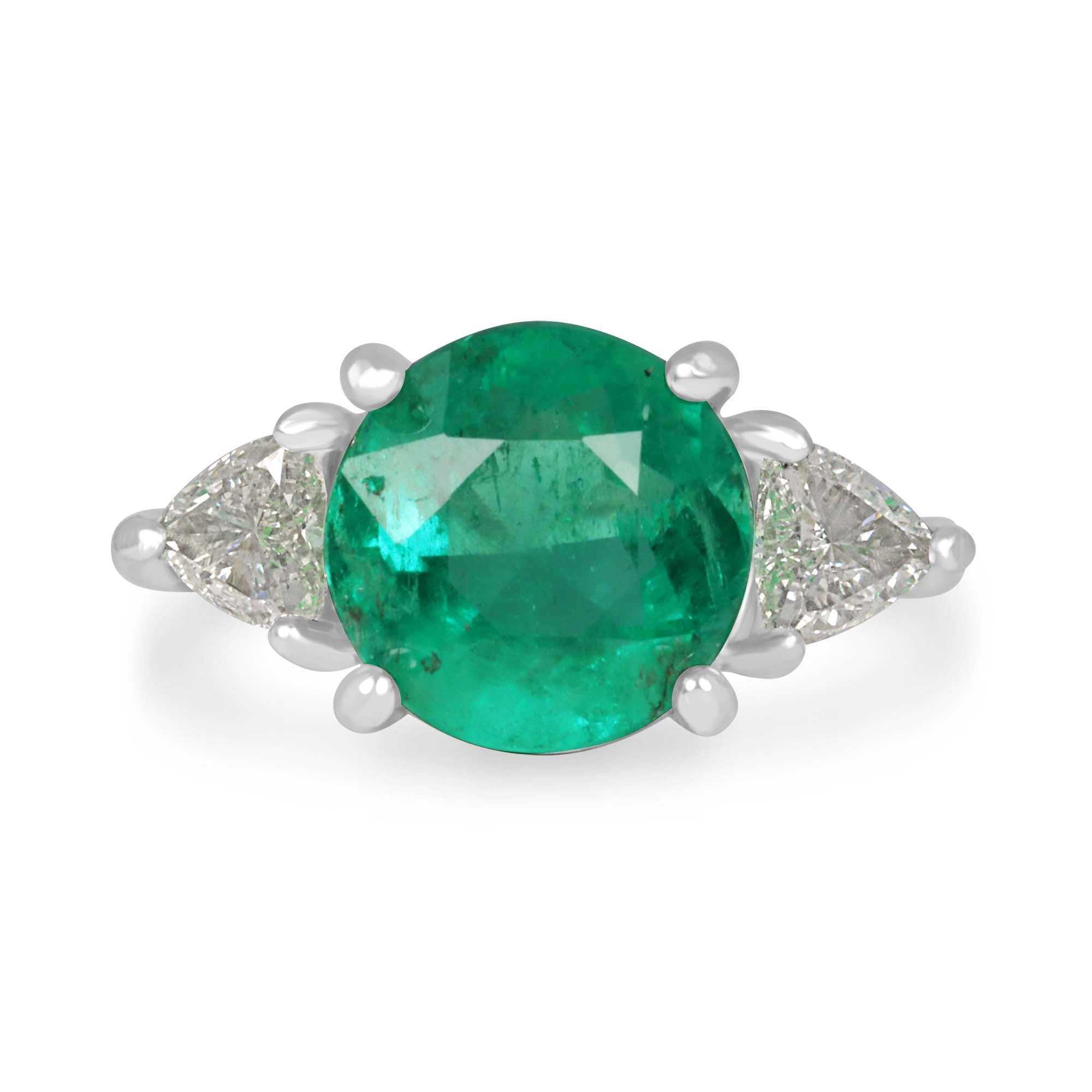 4.39tcw 14K white gold ring with round Colombian emerald center and trillion cut diamond side stones