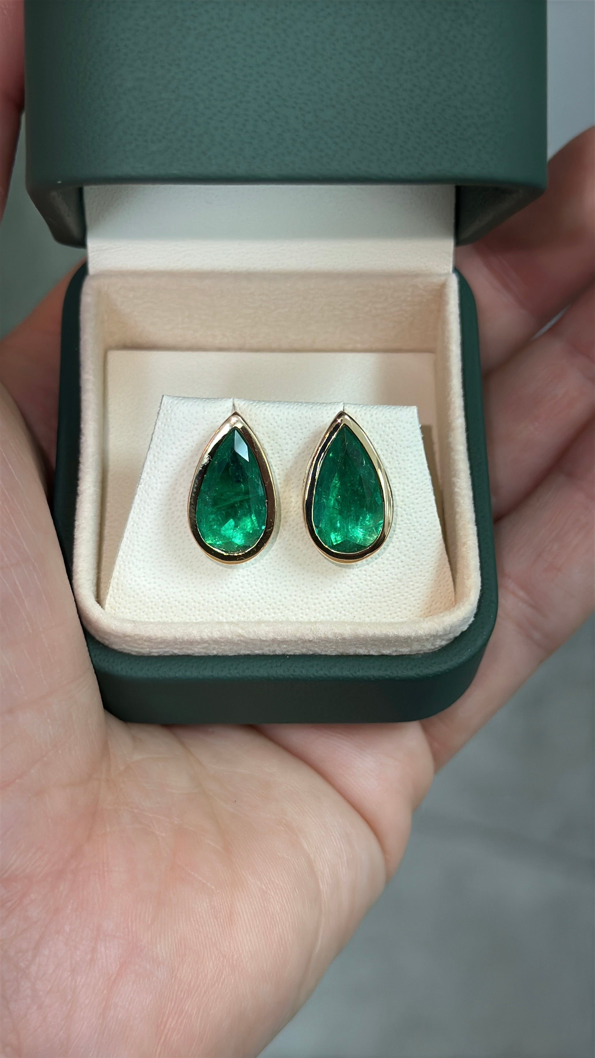 4.52tcw AAA+ Bezel Set Teardrop Colombian Emerald Studs 18K