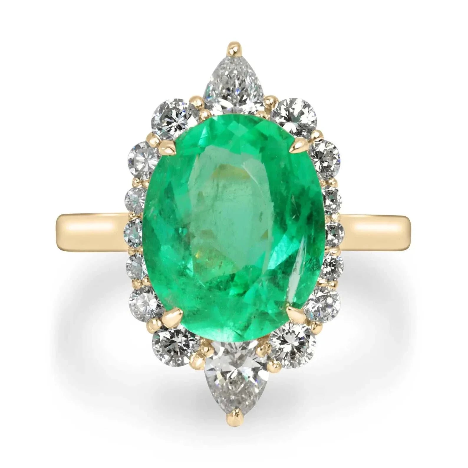 4.55tcw 18K natural oval emerald and diamond halo engagement ring with Muzo green Colombian gem, 18K yellow and white gold setting.