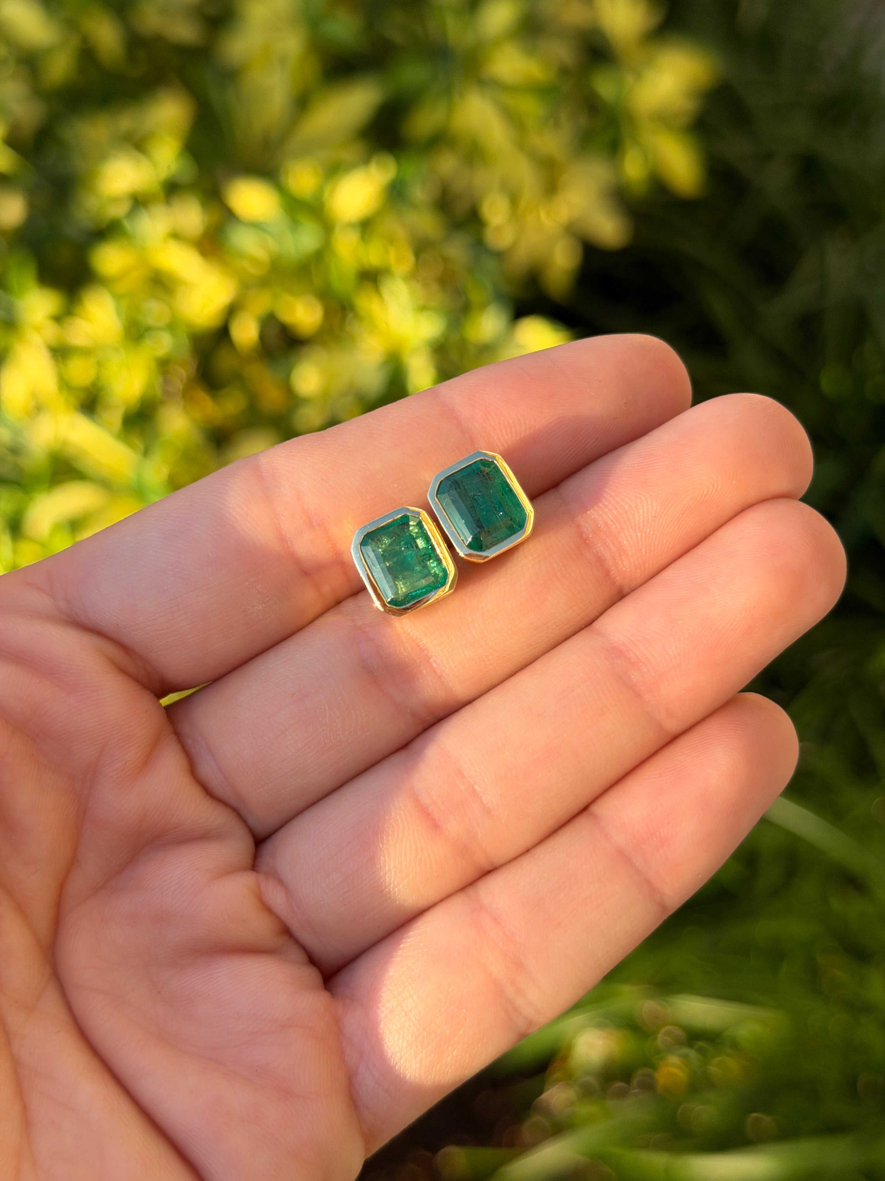 4.56tcw Emerald Cut Emerald Bezel Studs 18K