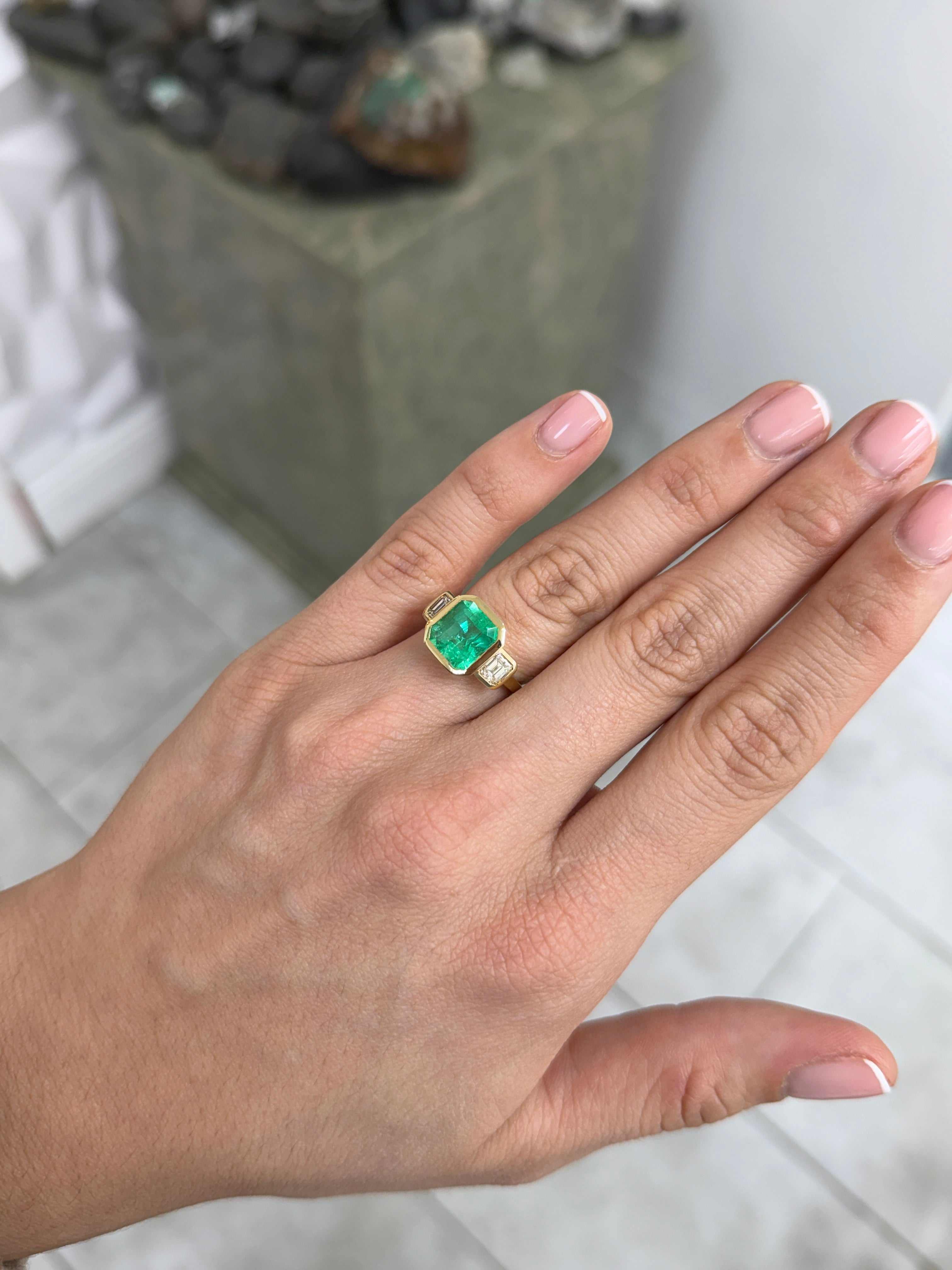 4.68tcw Bezel Set Three Stone Asscher Cut Emerald & Emerald Cut Diamon