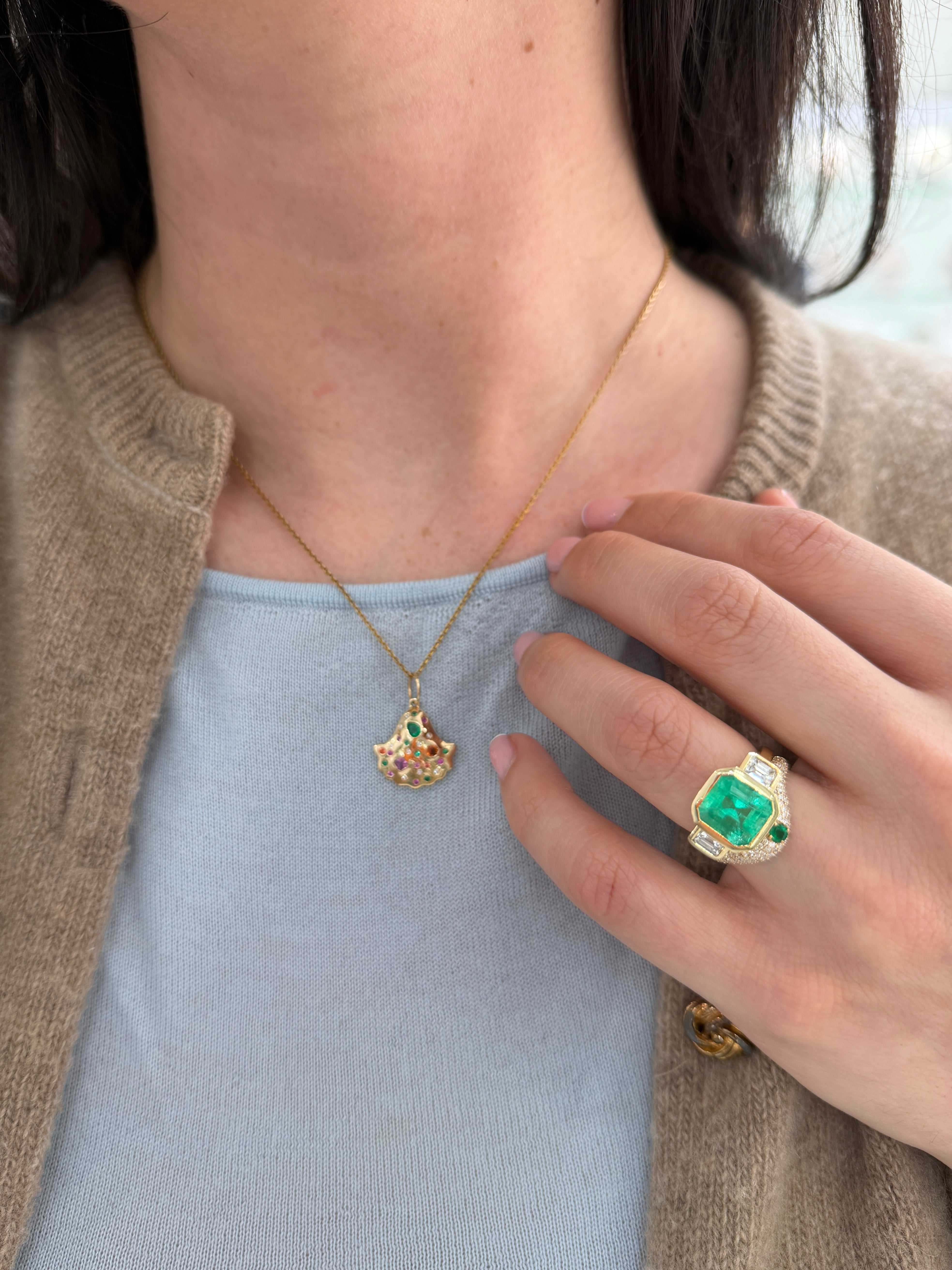 4.68tcw Bezel Set Three Stone Asscher Cut Emerald & Emerald Cut Diamon