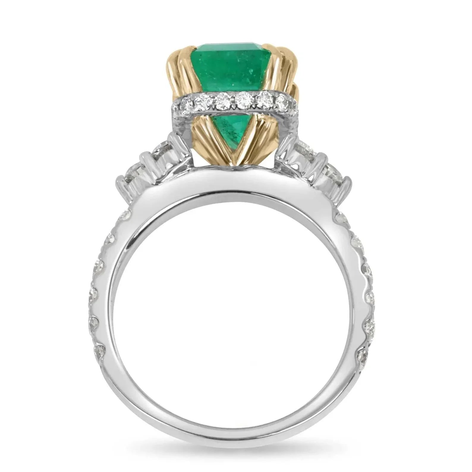 4.69tcw Emerald Cut Colombian Emerald 7 Stone with Hidden Diamond Halo & Shank 18K