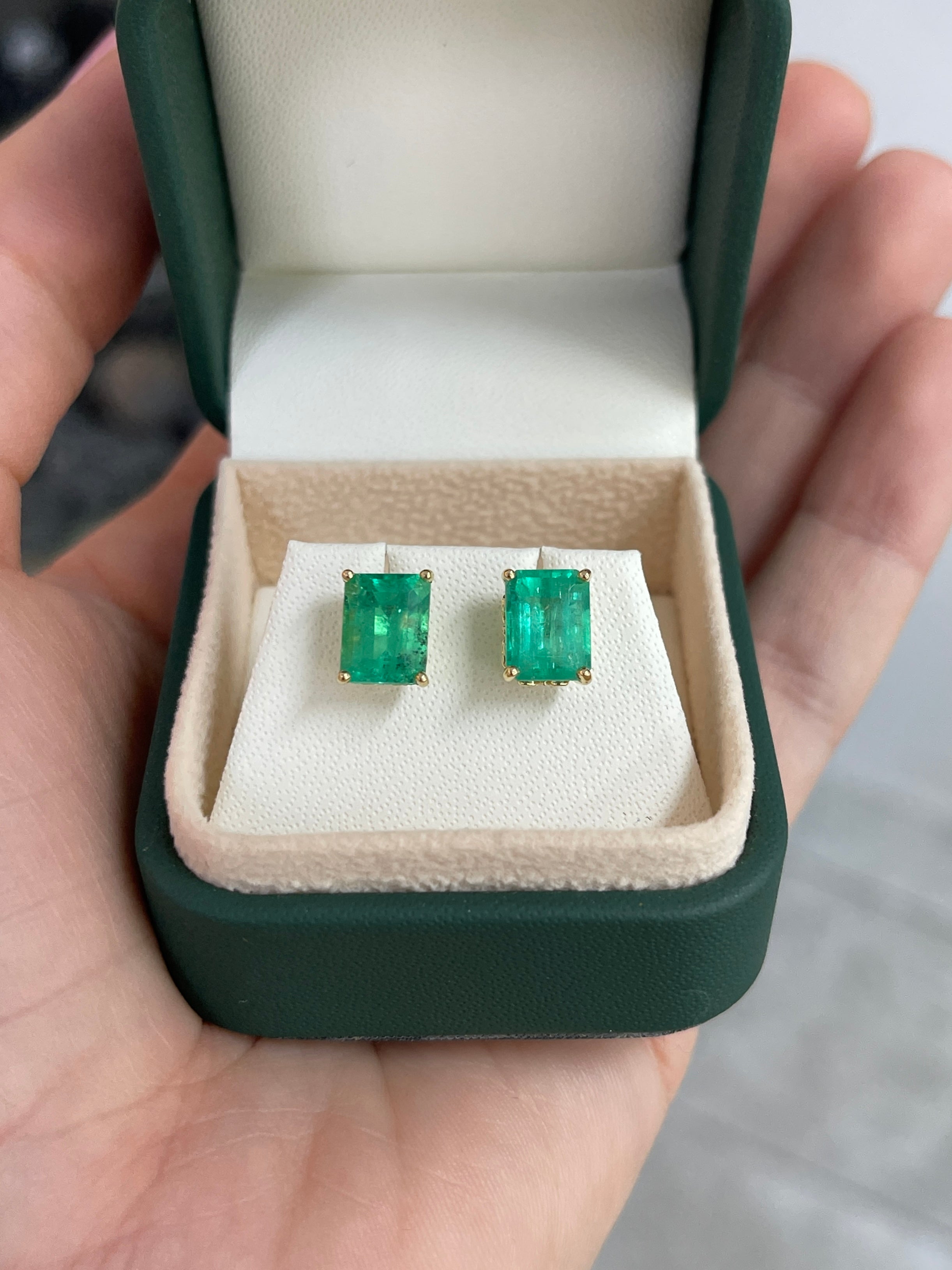 4.69tcw Fleur De Lis Emerald Cut Colombian Emerald Stud Earrings 18K - JR Colombian Emeralds