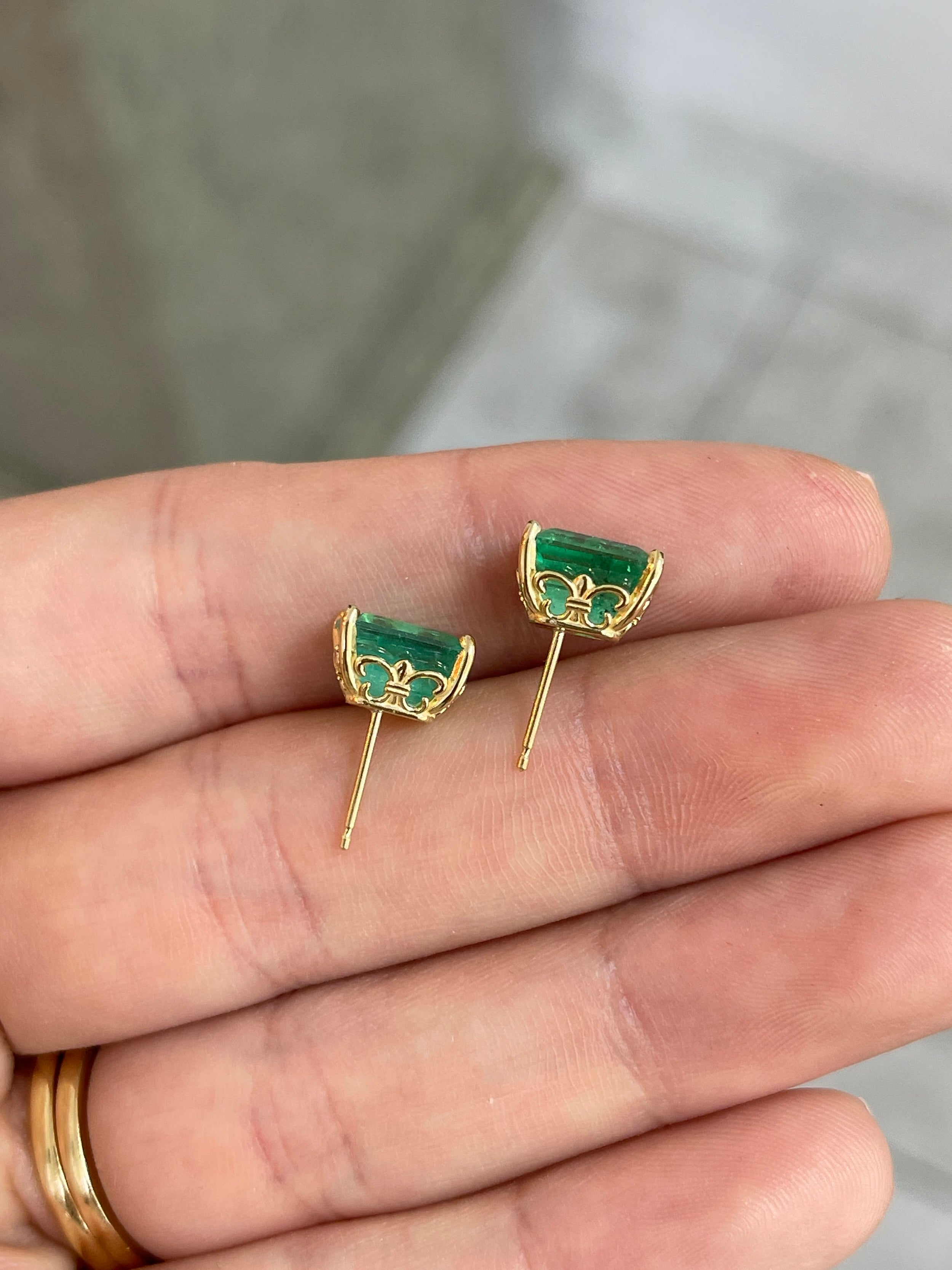 4.69tcw Fleur De Lis Emerald Cut Colombian Emerald Stud Earrings 18K - JR Colombian Emeralds