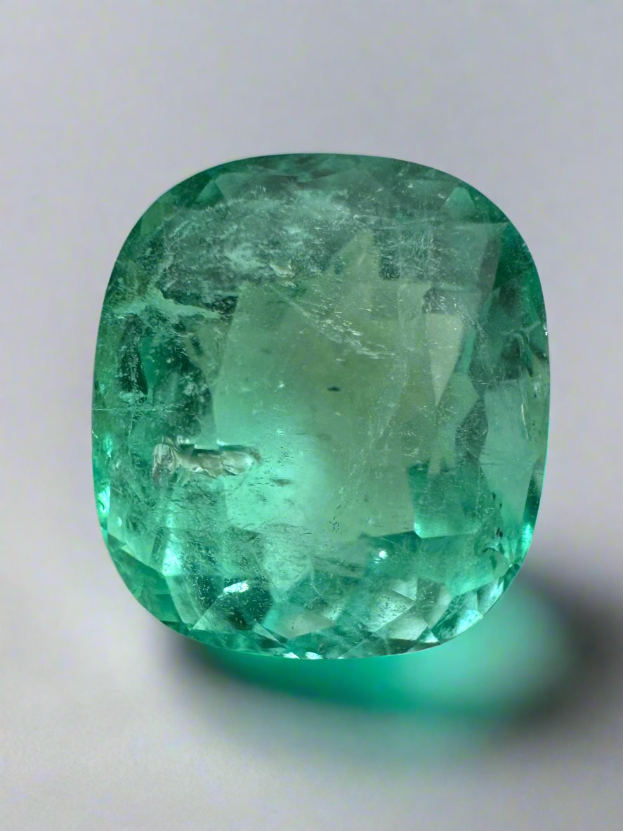 Light green 4.71 carat natural Colombian emerald loose gemstone, cushion cut, from JR Colombian Emeralds.