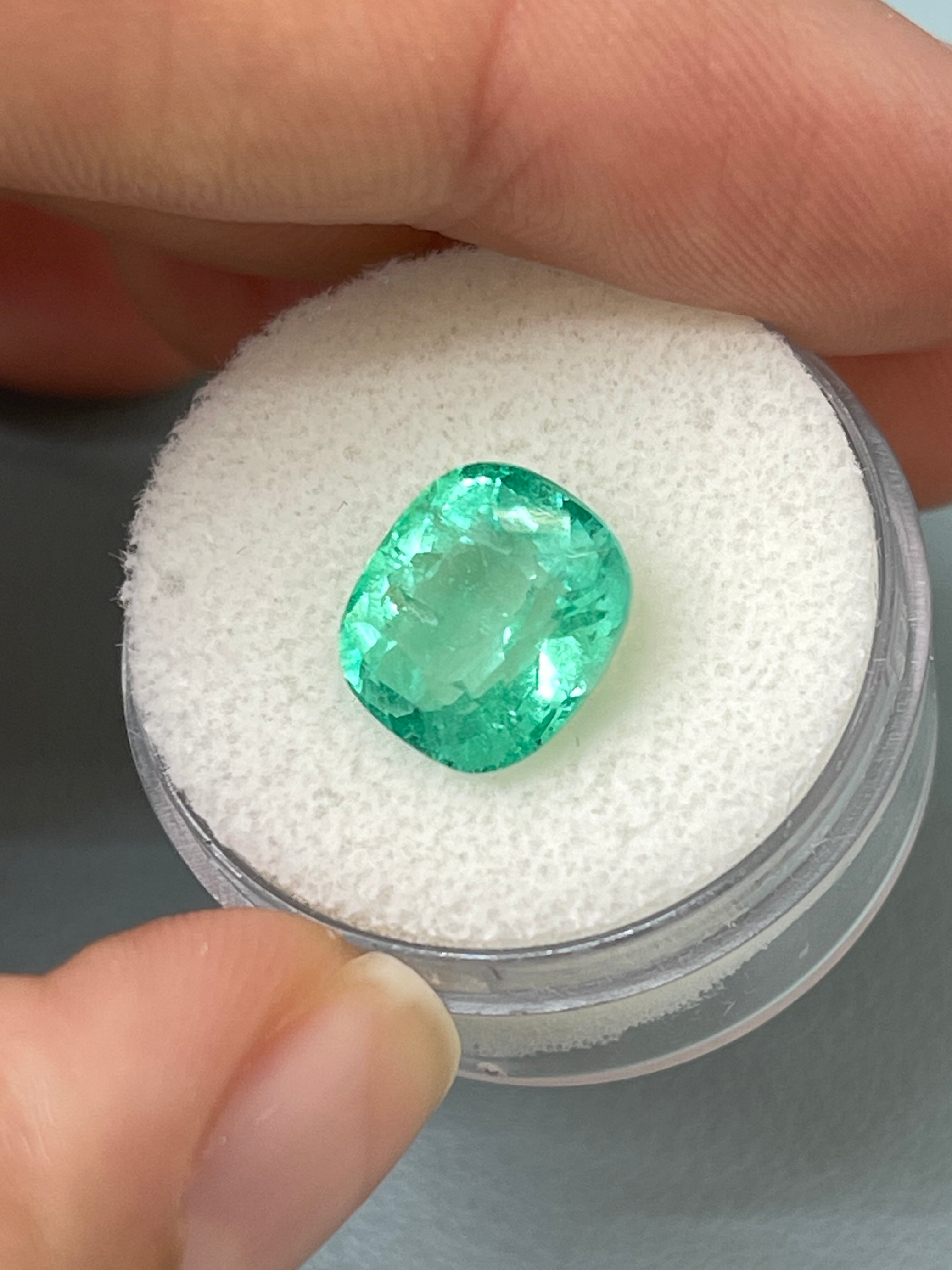 Light green 4.71 carat natural Colombian emerald loose gemstone, cushion cut, by JR Colombian Emeralds.