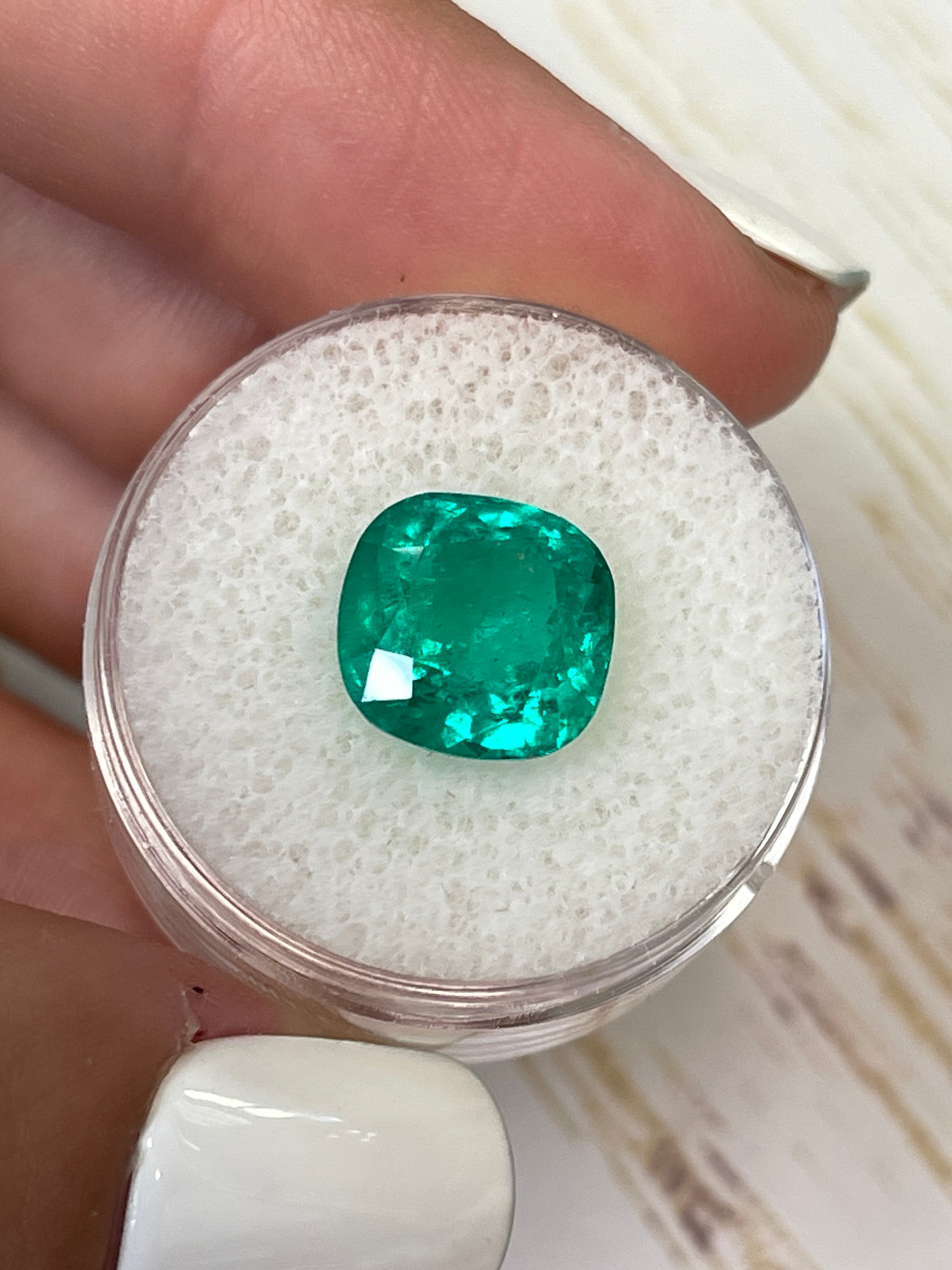 Vivid bluish green 4.75 carat Colombian emerald loose cushion cut gemstone from JR Colombian Emeralds.