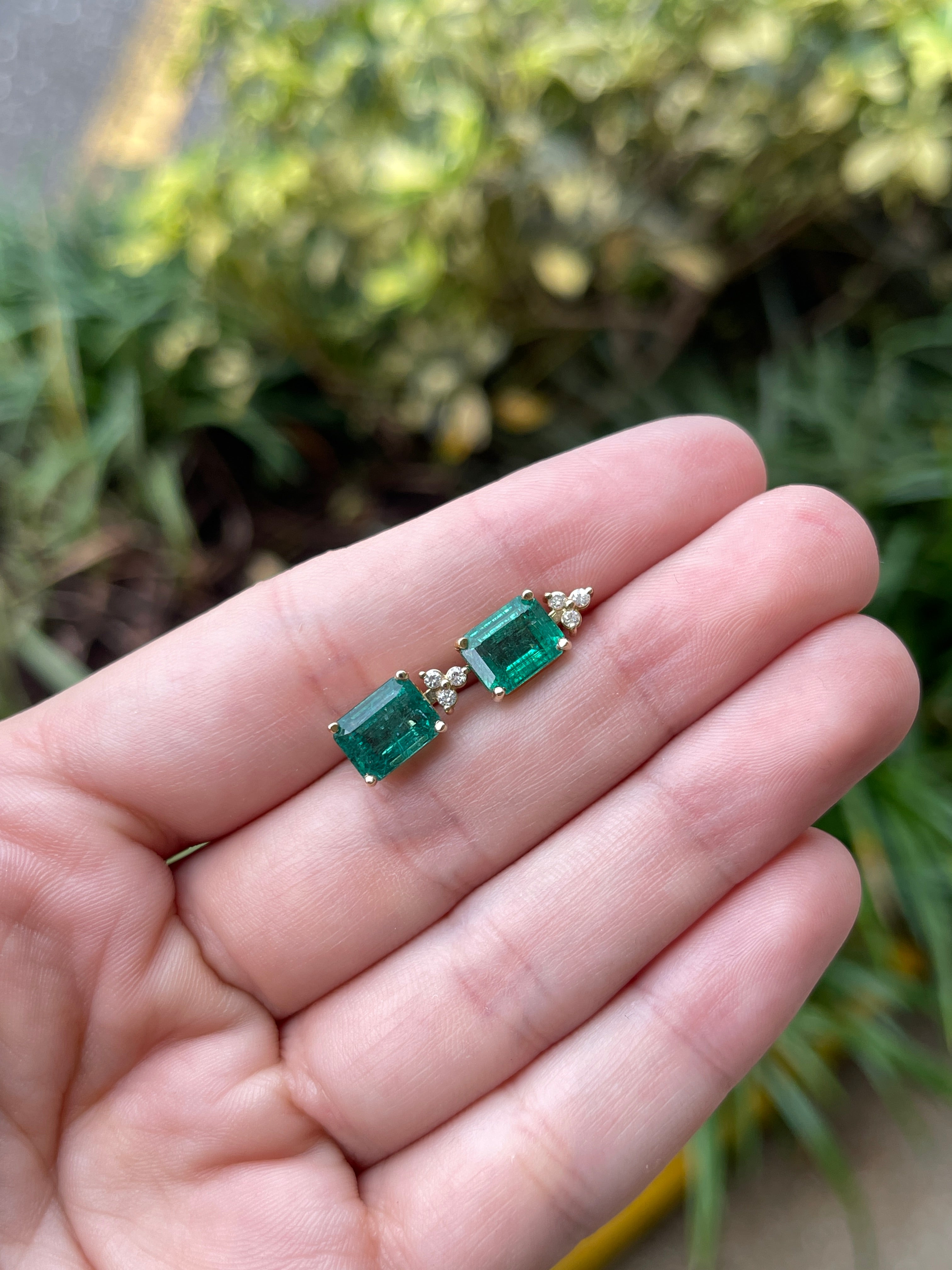 14K gold stud earrings with rich green emeralds and diamond accents, featuring 4.87 tcw from JR Colombian Emeralds.