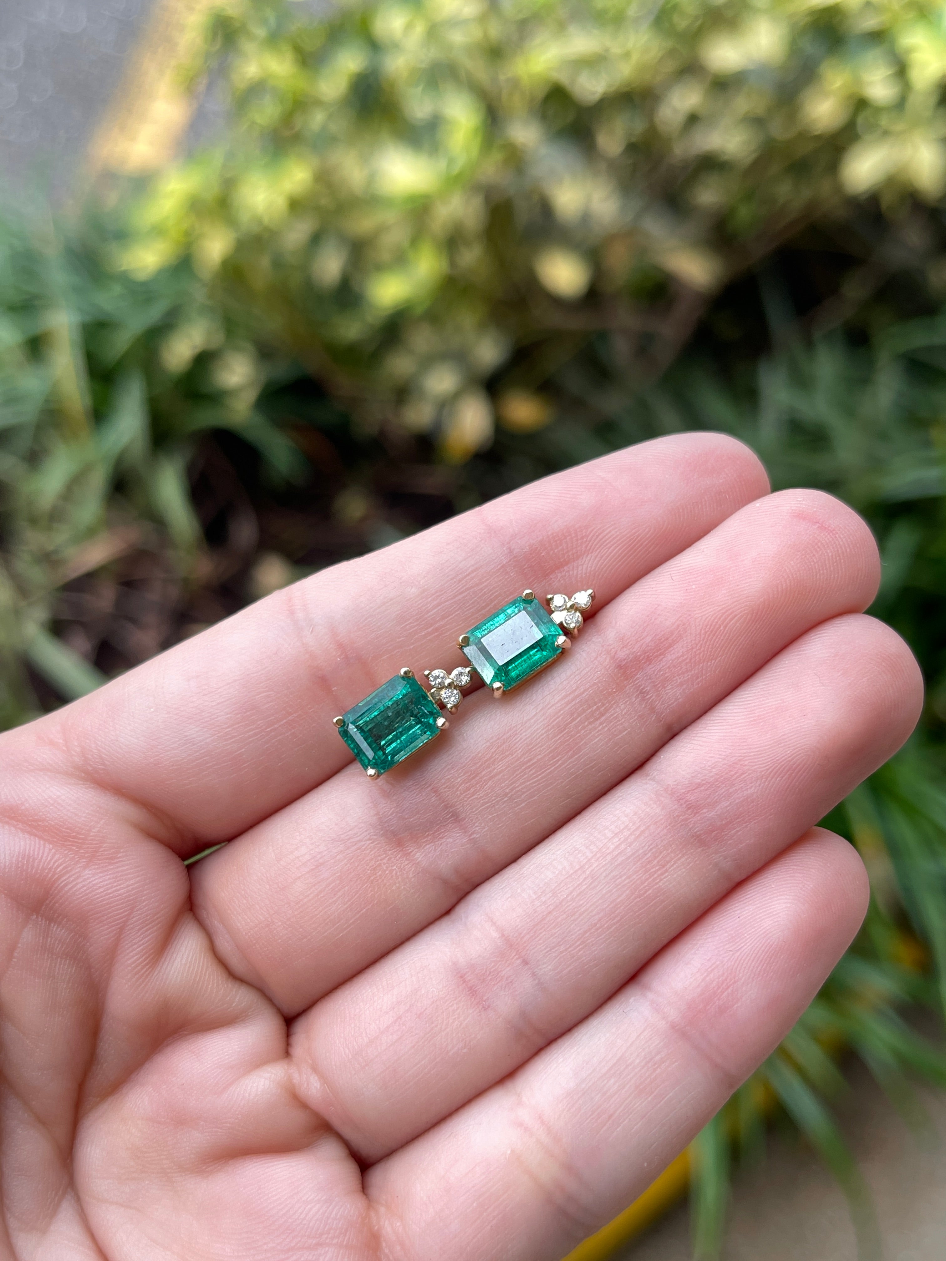 14K green emerald and diamond stud earrings with 4.87tcw from JR Colombian Emeralds, featuring rich green gemstones and accents.