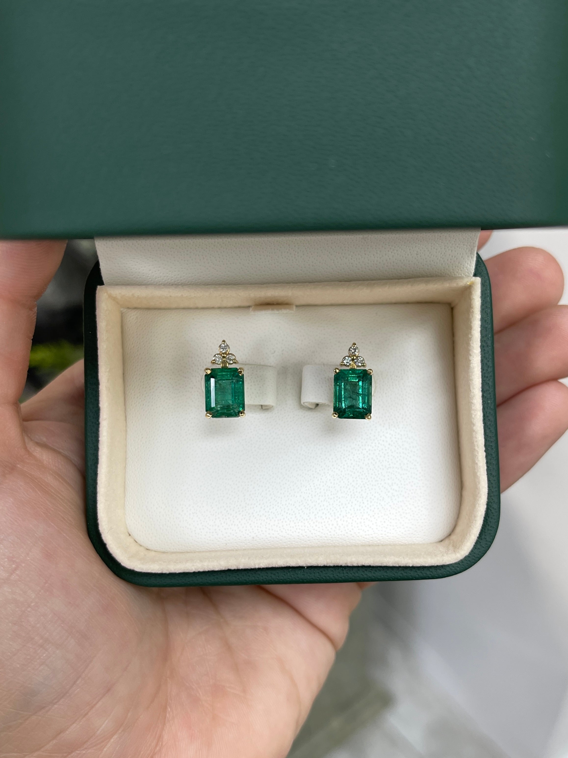 14K green emerald and diamond stud earrings with 4.87 carats total from JR Colombian Emeralds, featuring rich green gemstones and accents.