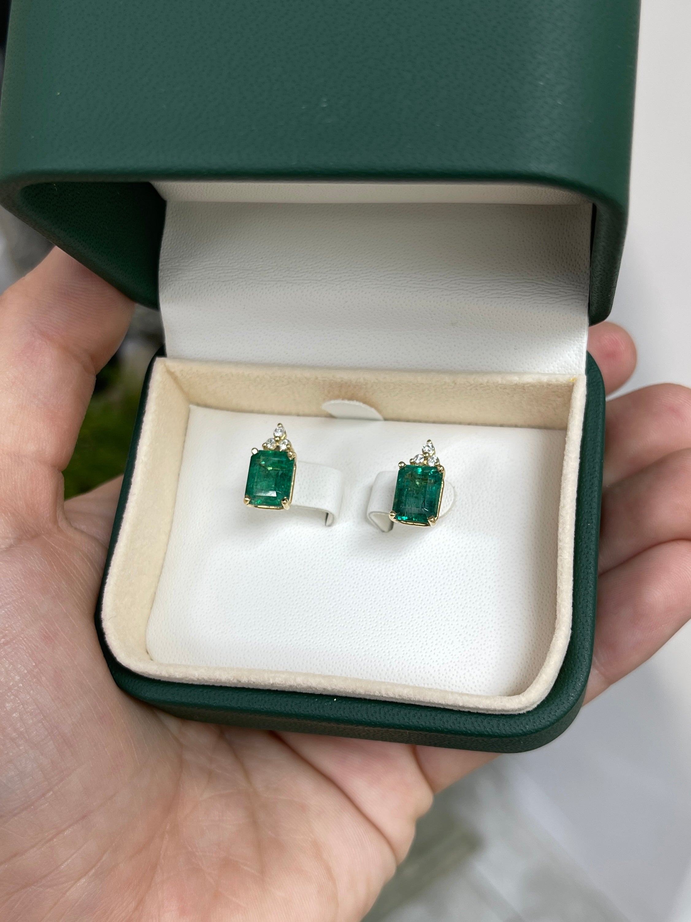 14K green emerald and diamond stud earrings with 4.87 carats, featuring rich green emeralds and diamond accents by JR Colombian Emeralds.