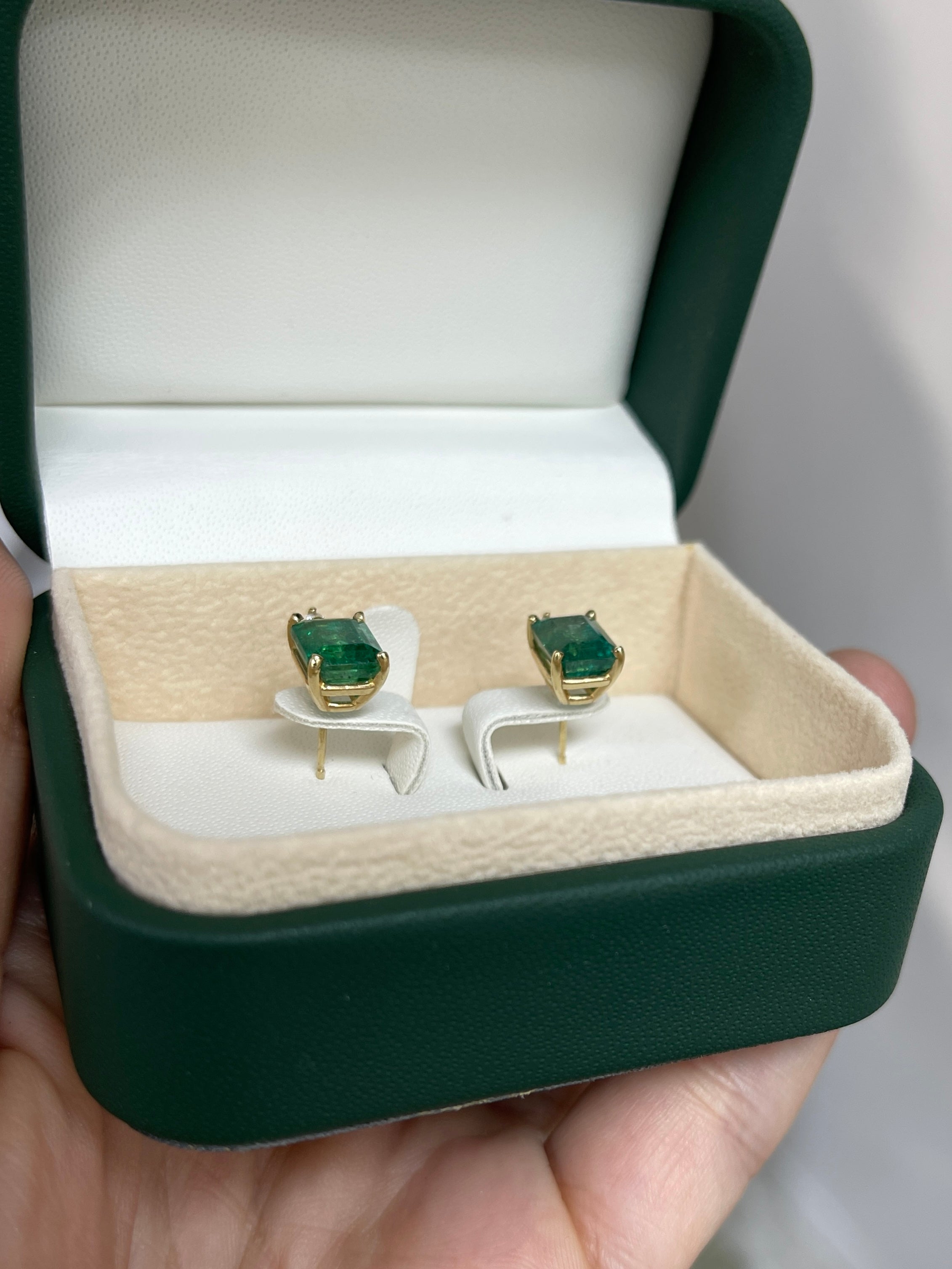 14K gold stud earrings with rich green emeralds and diamond accents, featuring 4.87 carats total weight by JR Colombian Emeralds