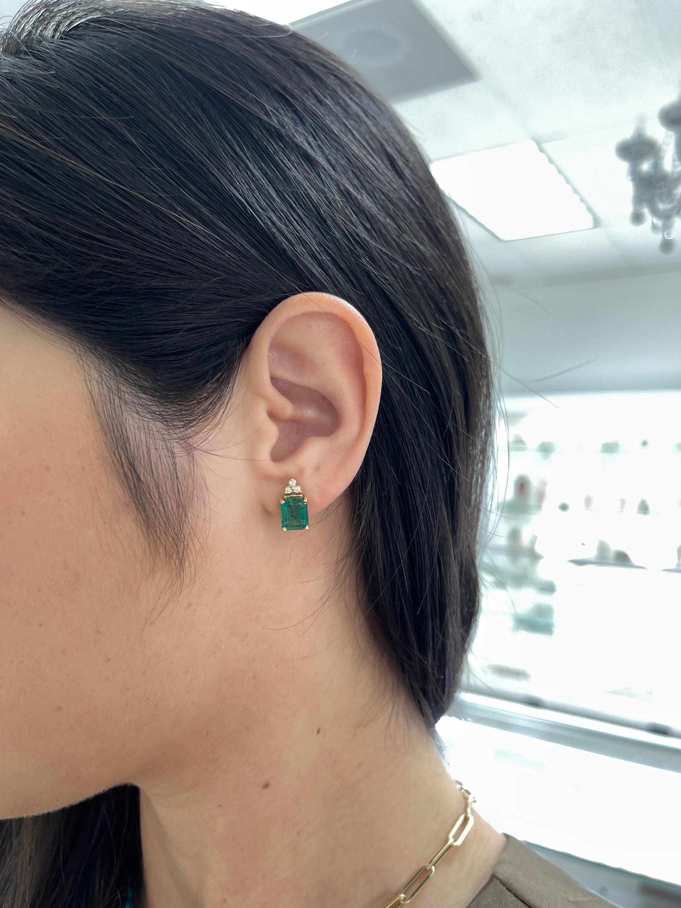 14K green emerald and diamond accent stud earrings with 4.87 carats total weight by JR Colombian Emeralds.