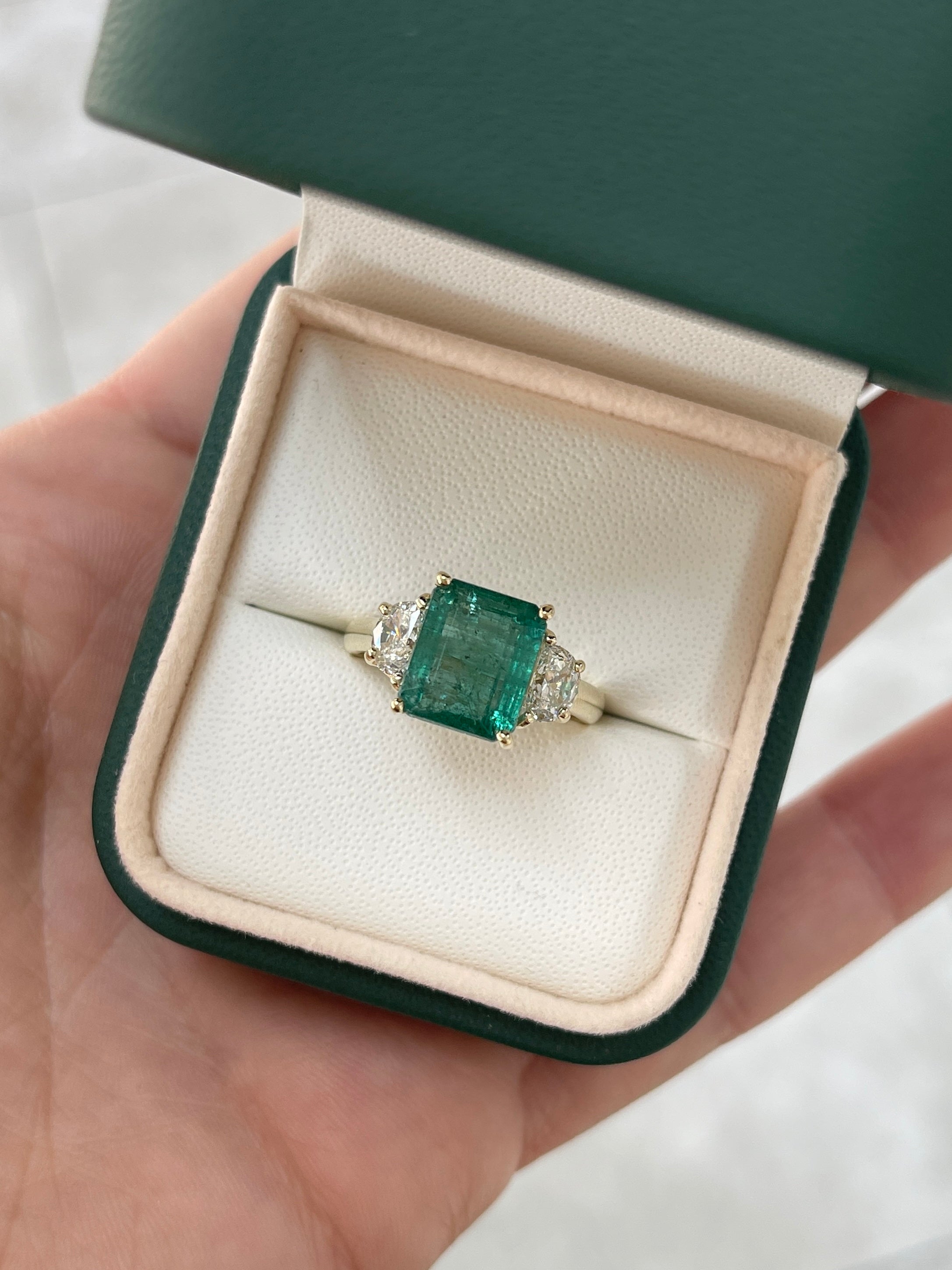 4.88tcw Natural Emerald & Lab Half Moon Diamond 14K Three Stone Ring - JR Colombian Emeralds