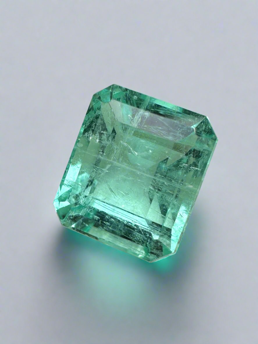 4.91-carat natural Colombian emerald in 10x8.5mm emerald cut, chunky pastel bluish-green loose gemstone from JR Colombian Emeralds