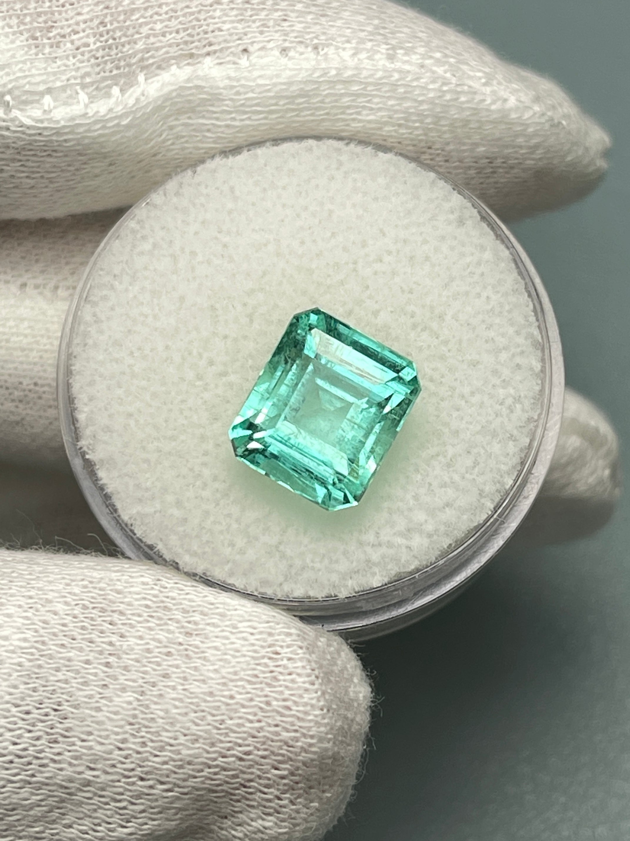 Natural loose Colombian emerald, 4.91 carats, 10x8.5mm, chunky pastel bluish green, emerald cut, from JR Colombian Emeralds.