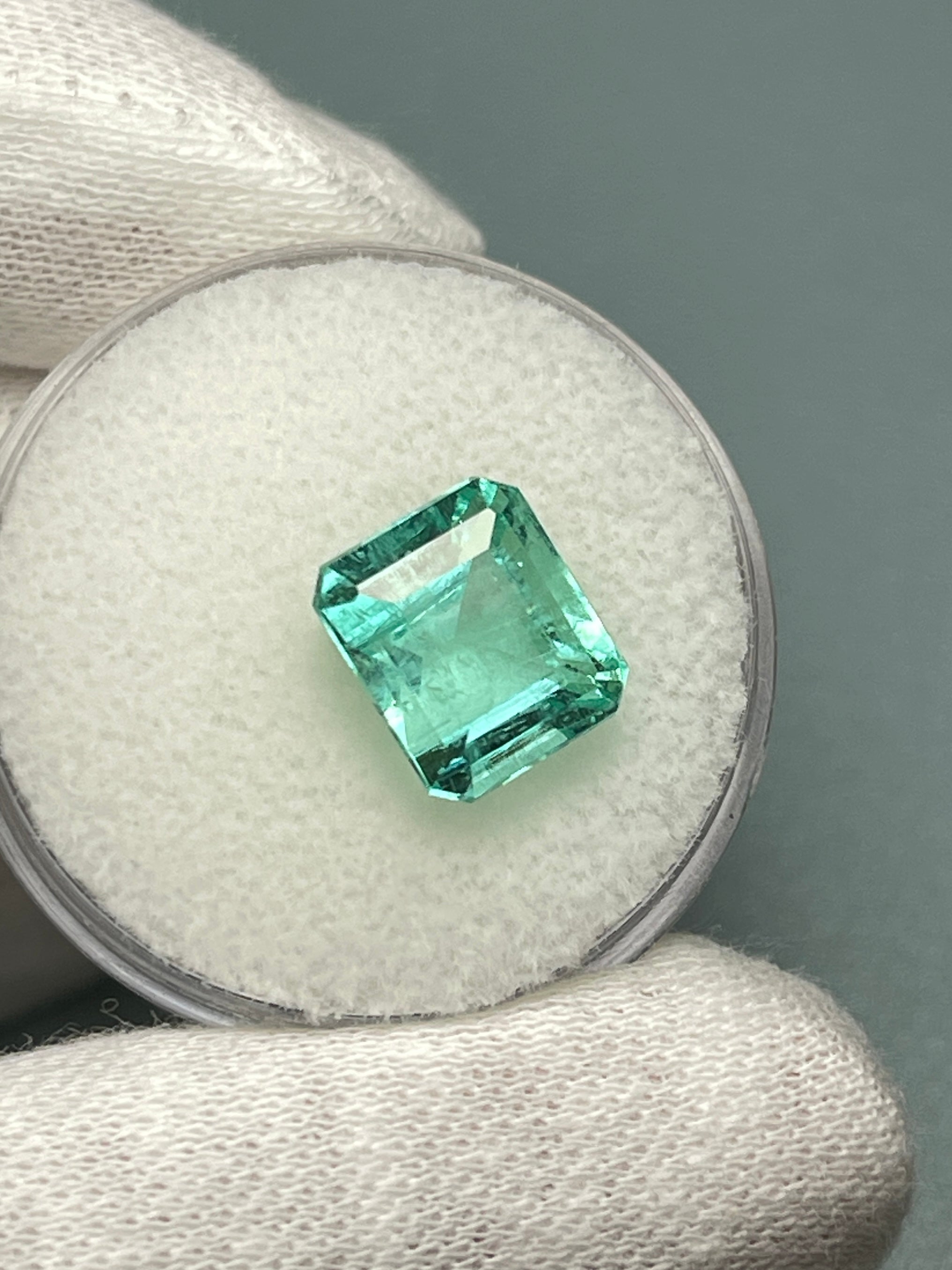 Natural loose Colombian emerald, 4.91 carats, 10x8.5mm, pastel bluish-green, emerald cut, from JR Colombian Emeralds.