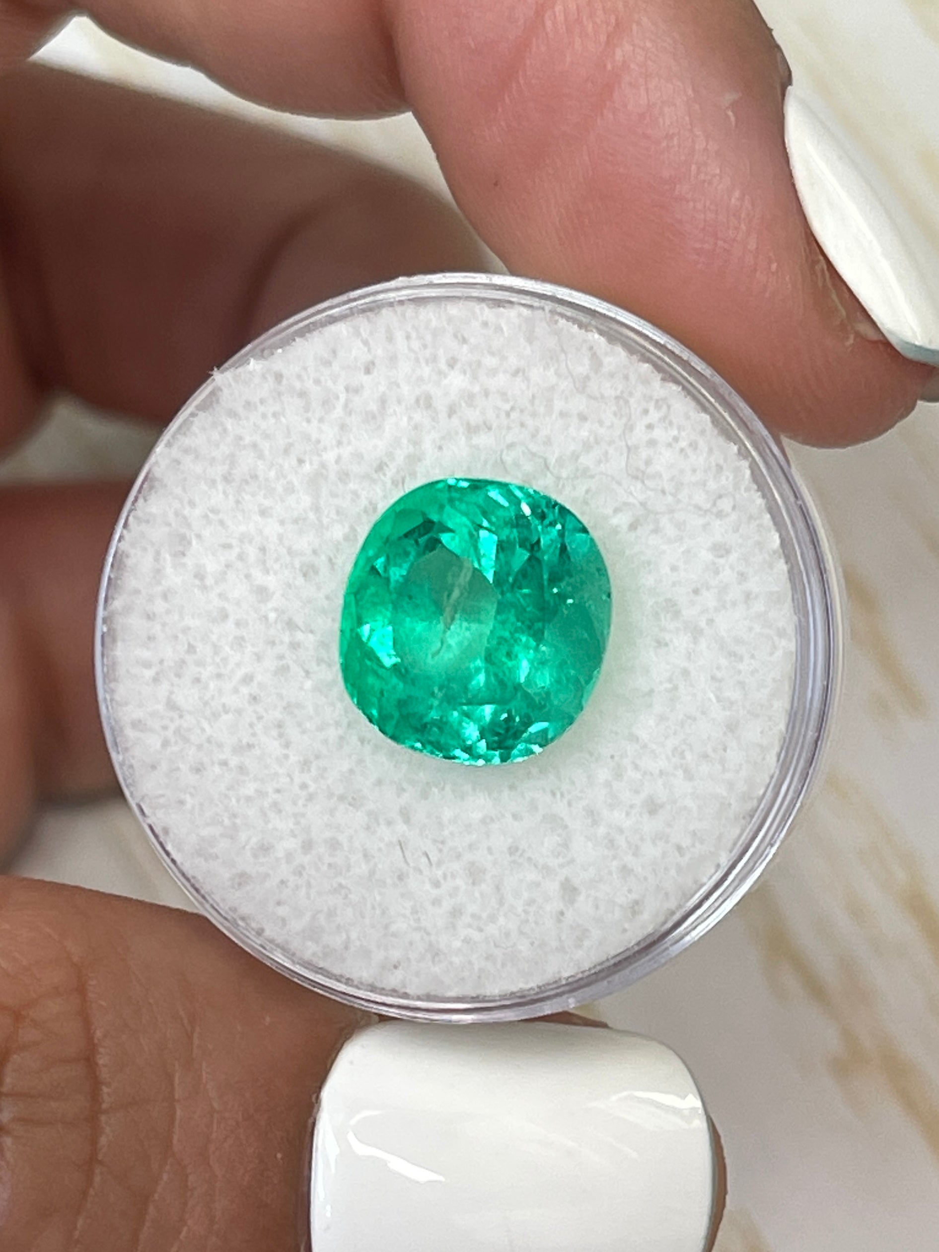 Natural green Colombian emerald loose gemstone, 4.94 carats, cushion cut, 10.8x10.3mm, from JR Colombian Emeralds.