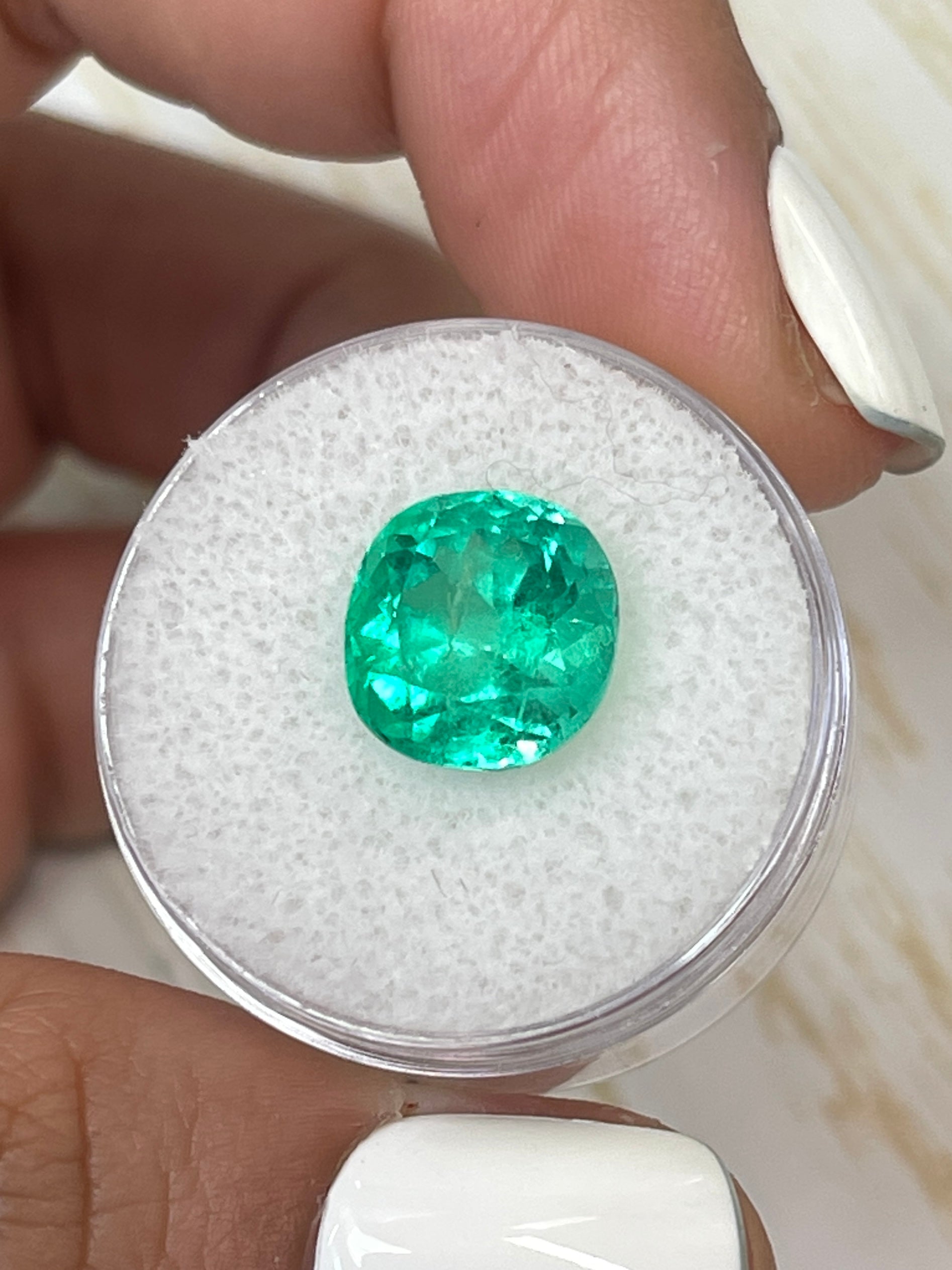 4.94 carat natural green Colombian emerald loose cushion cut gemstone from JR Colombian Emeralds.