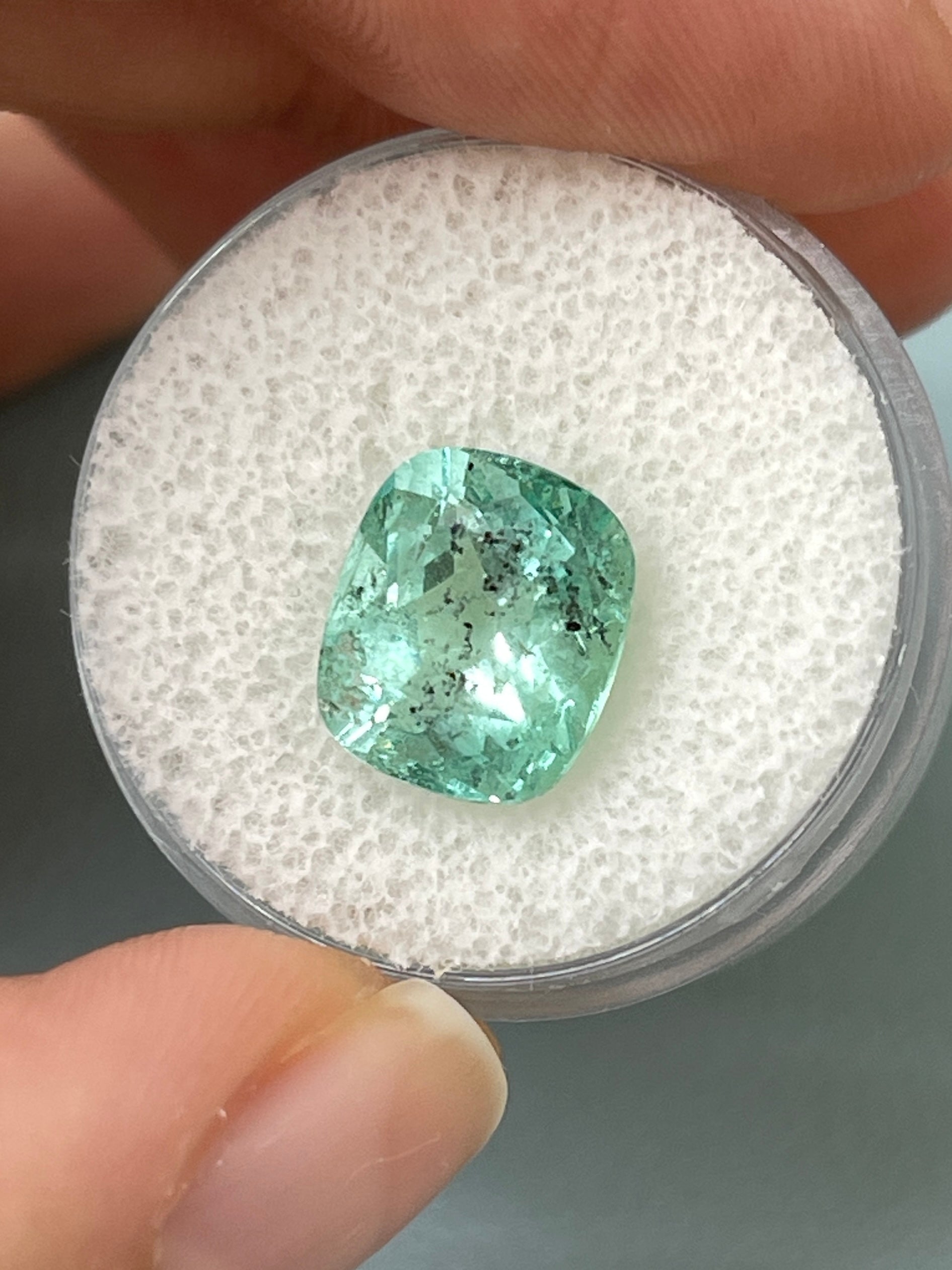 4.94 Carat 11x9.5 Freckled Sea Foam Green Natural Loose Colombian Emerald- Cushion Cut - JR Colombian Emeralds