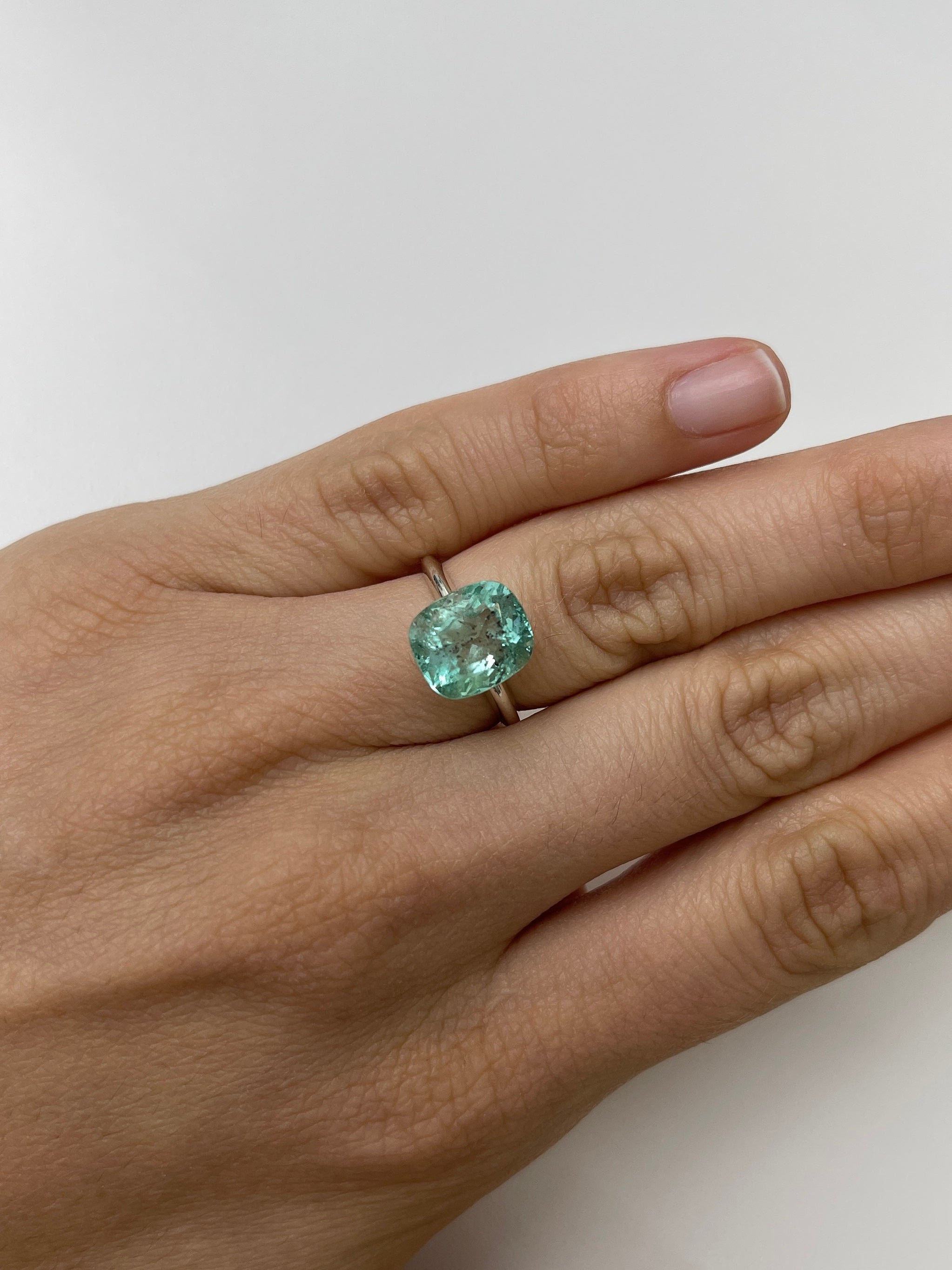 4.94 Carat 11x9.5 Freckled Sea Foam Green Natural Loose Colombian Emerald- Cushion Cut - JR Colombian Emeralds