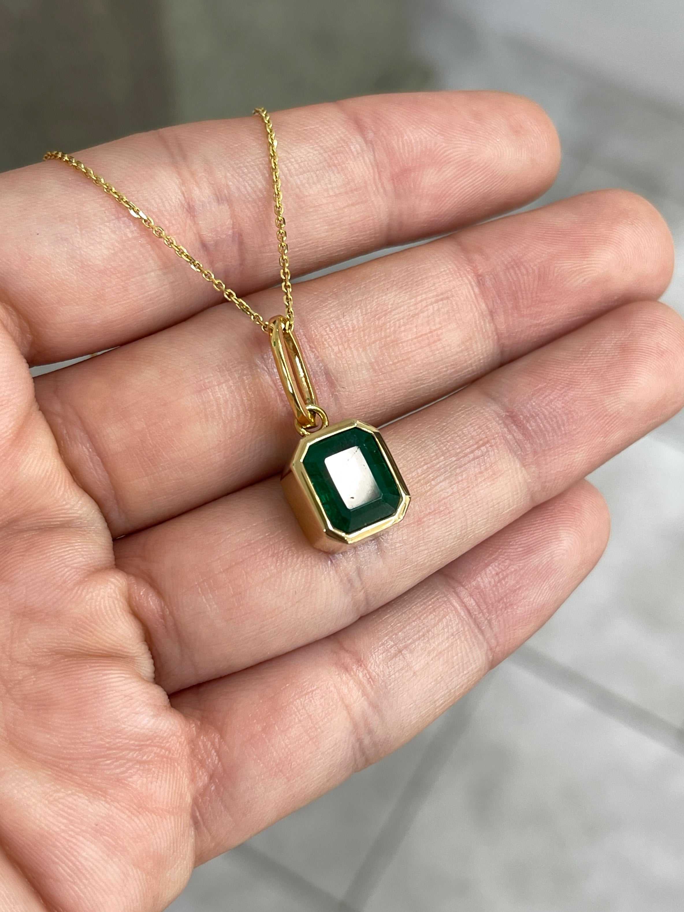 4.98 Carat Dark Green Bezel Set Zambian Emerald Necklace 14K Gold - JR Colombian Emeralds